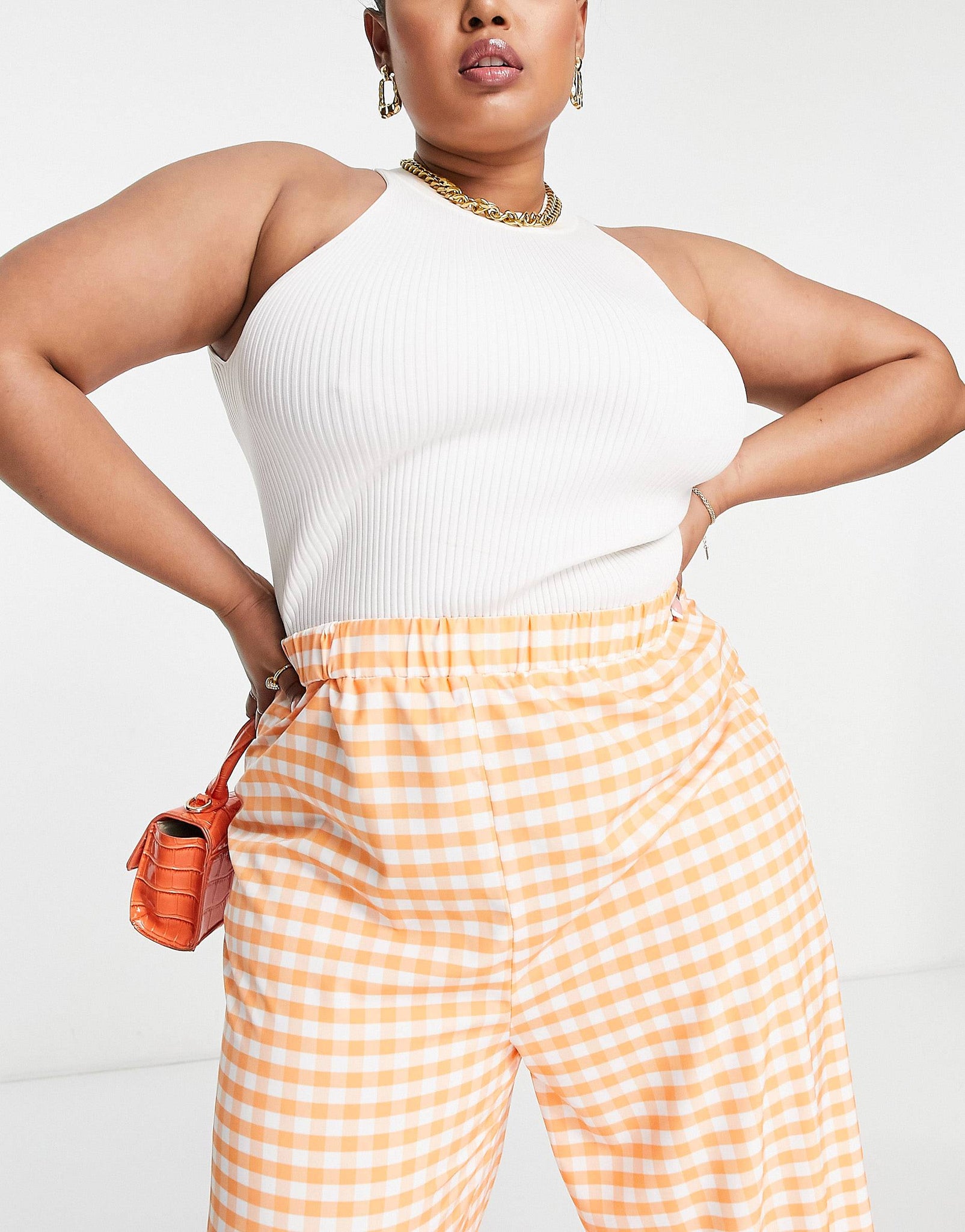 Plus elasticated super wide leg trousers in orange gingham