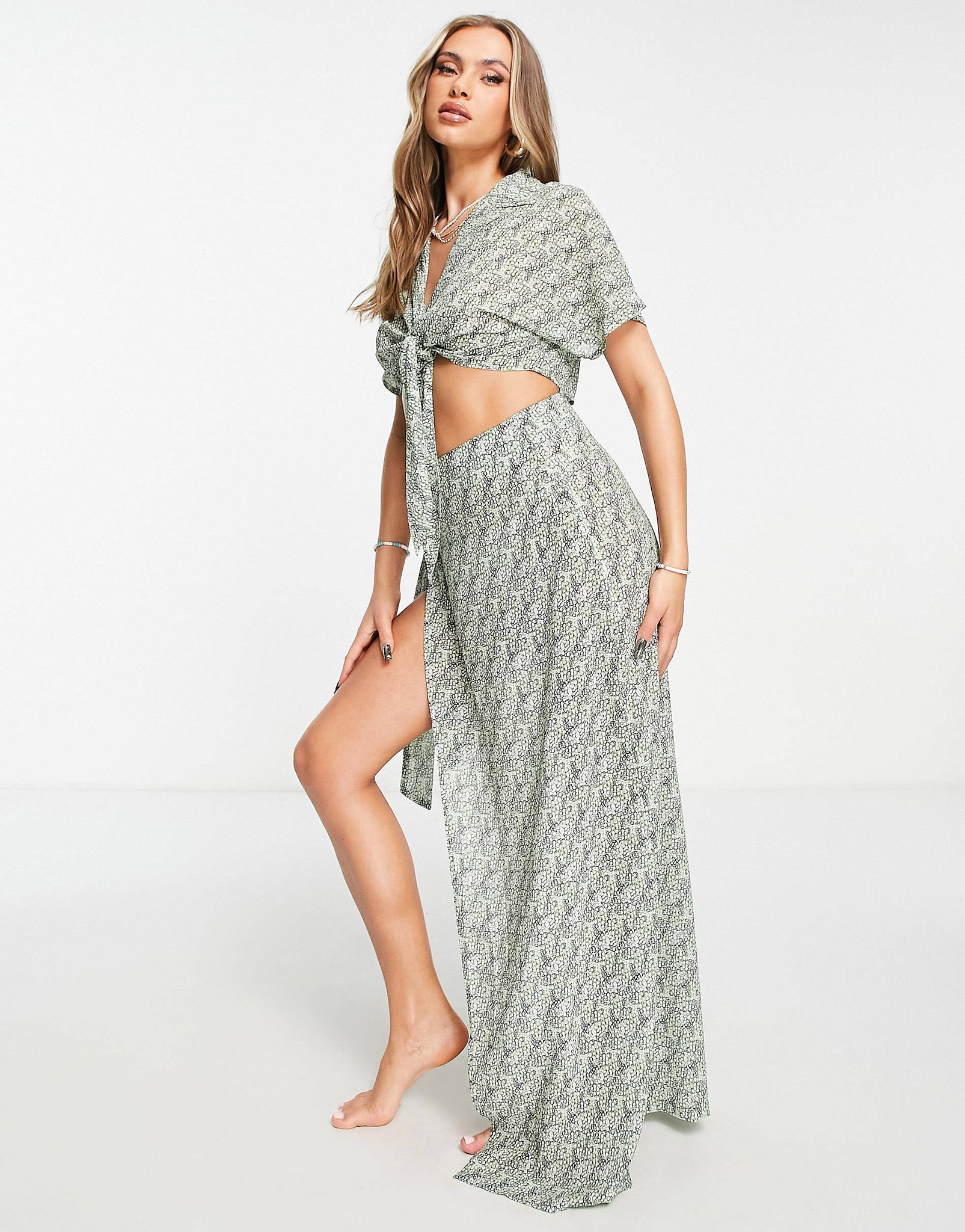 Unique 21 Beach Shirt And High Split Maxi Skirt In Green