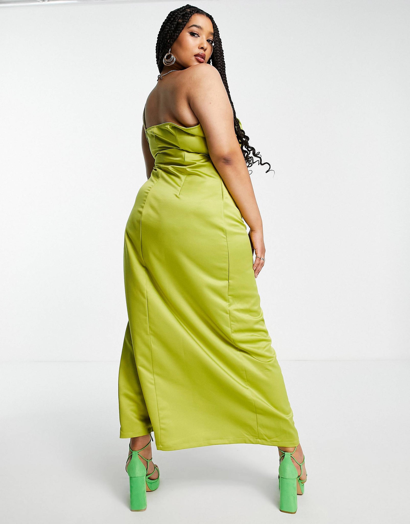 Plus one shoulder maxi dress with split in olive satin