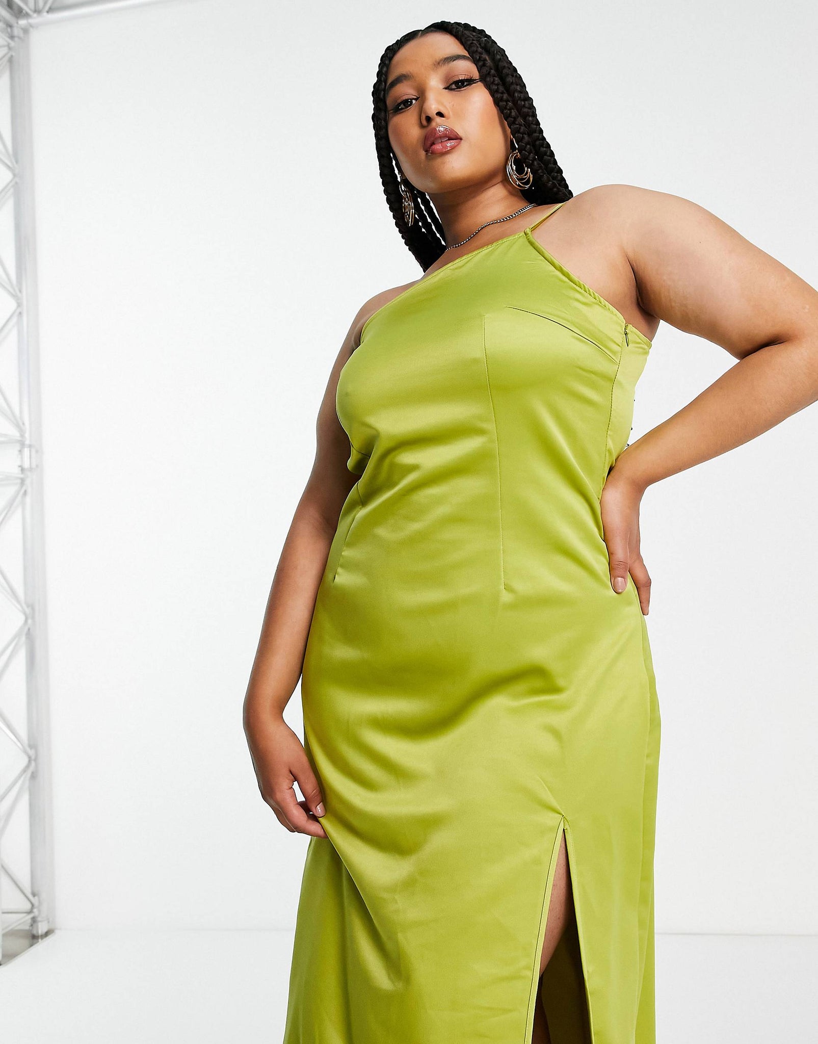 Plus one shoulder maxi dress with split in olive satin