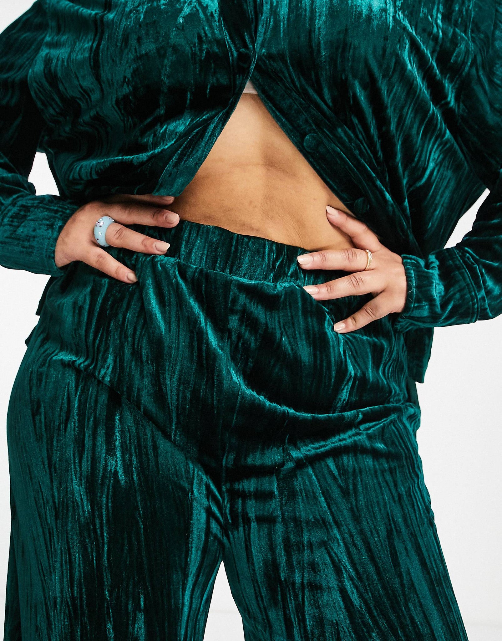 Plus elasticated super wide leg trousers in emerald green co-ord