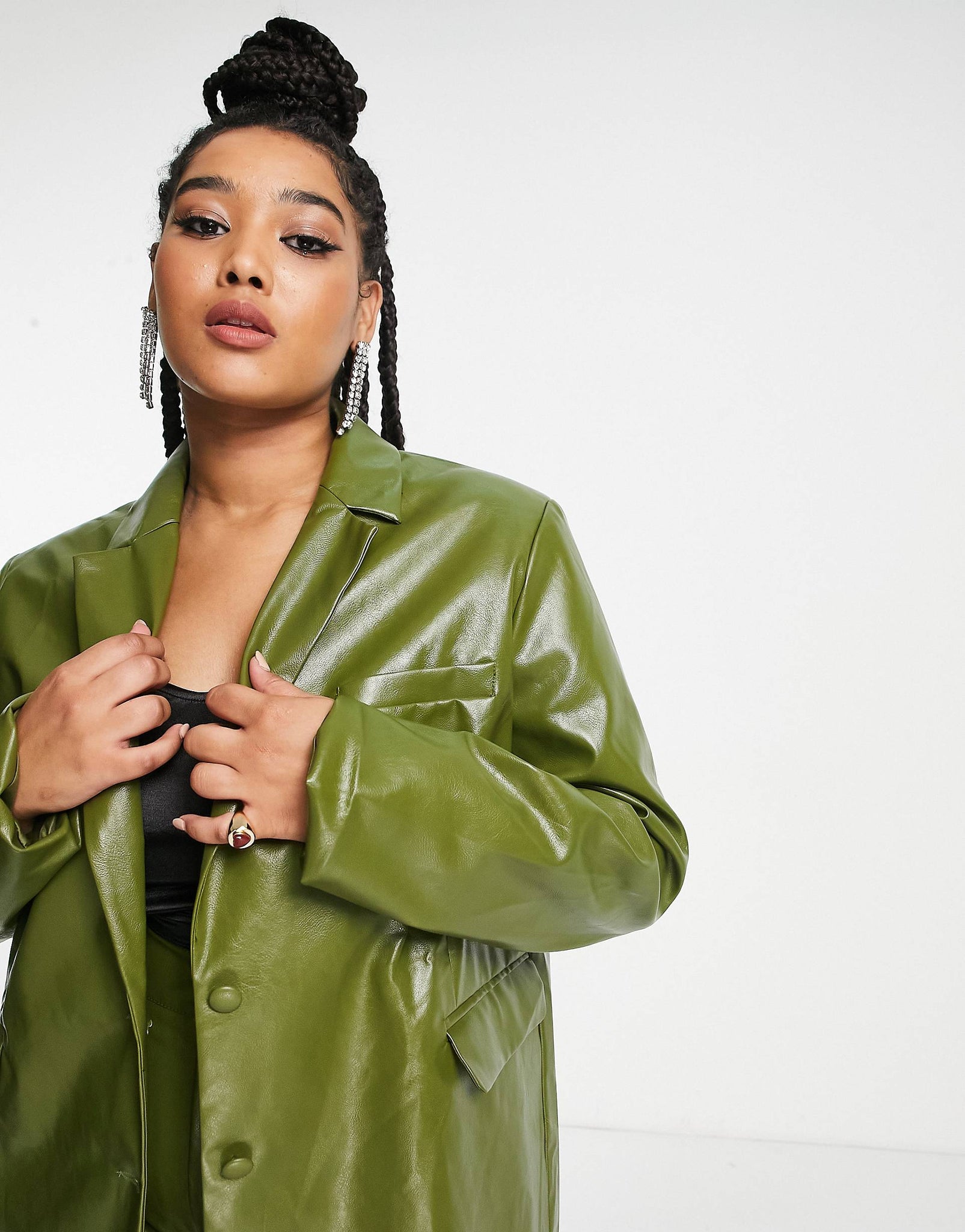 Plus oversized blazer in dark green faux leather co-ord