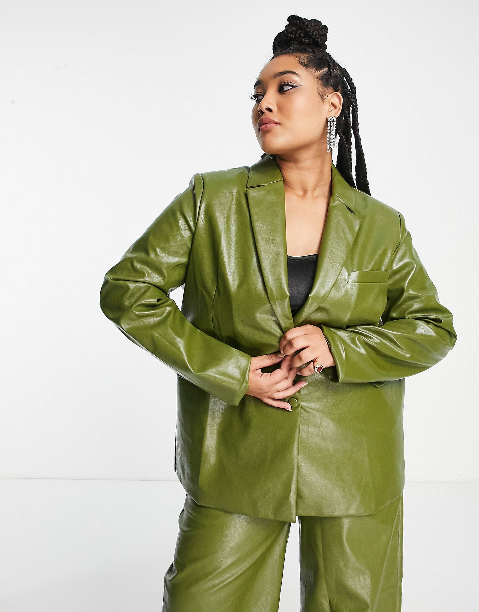 Plus oversized blazer in dark green faux leather co-ord