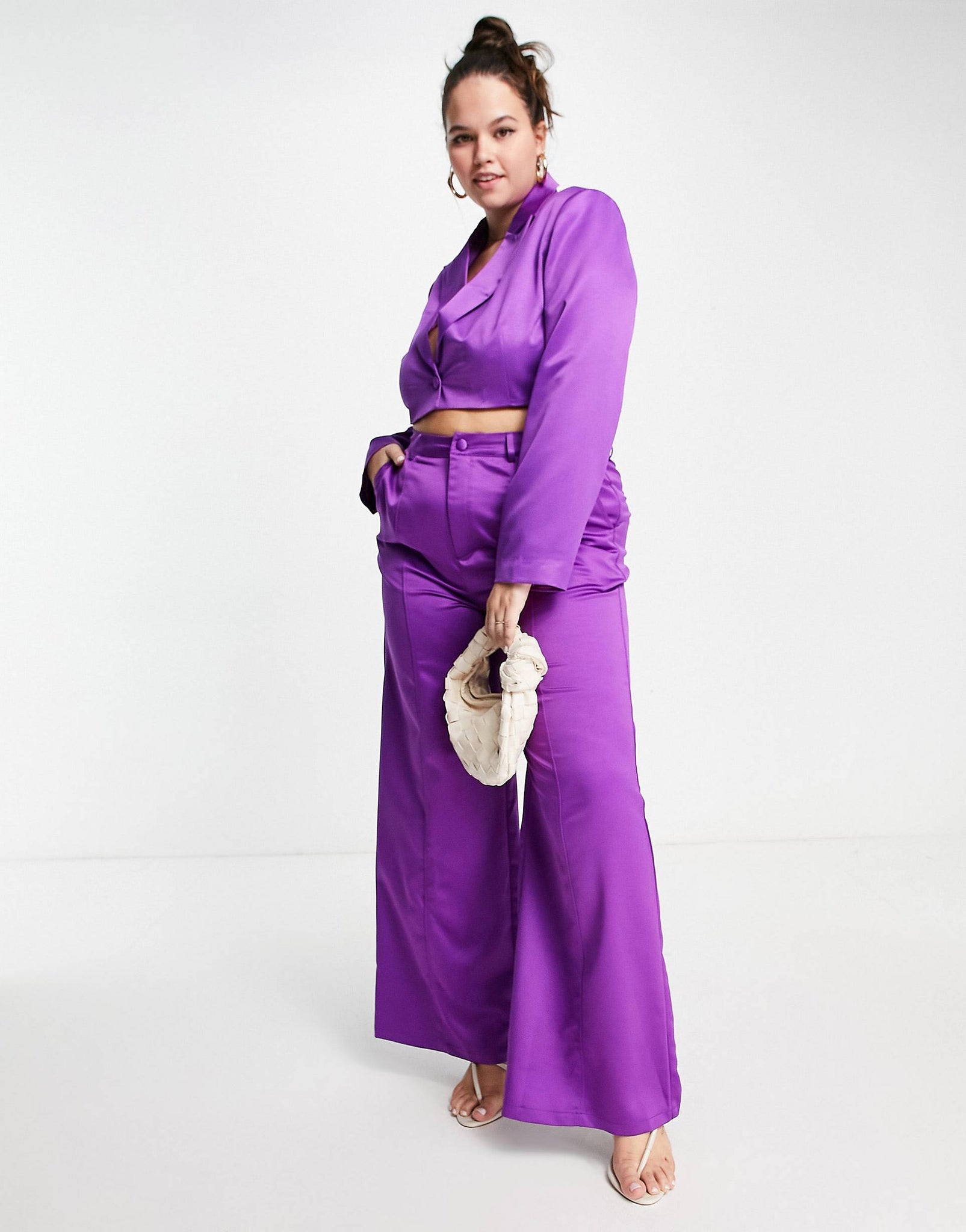 Plus boxy cropped blazer in winter plum satin co-ord