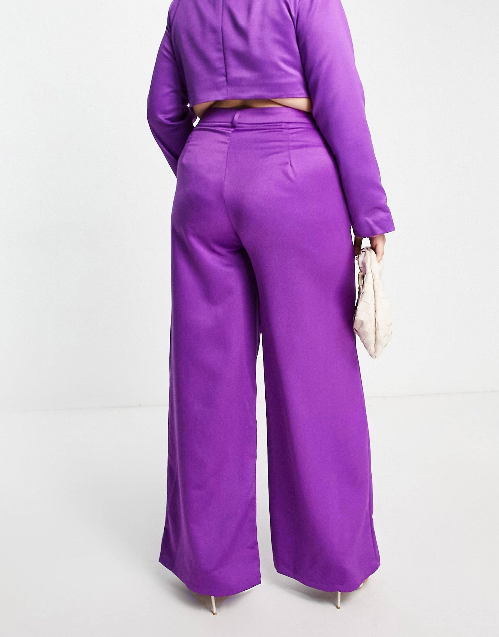 Plus super wide leg trousers in winter plum satin co-ord