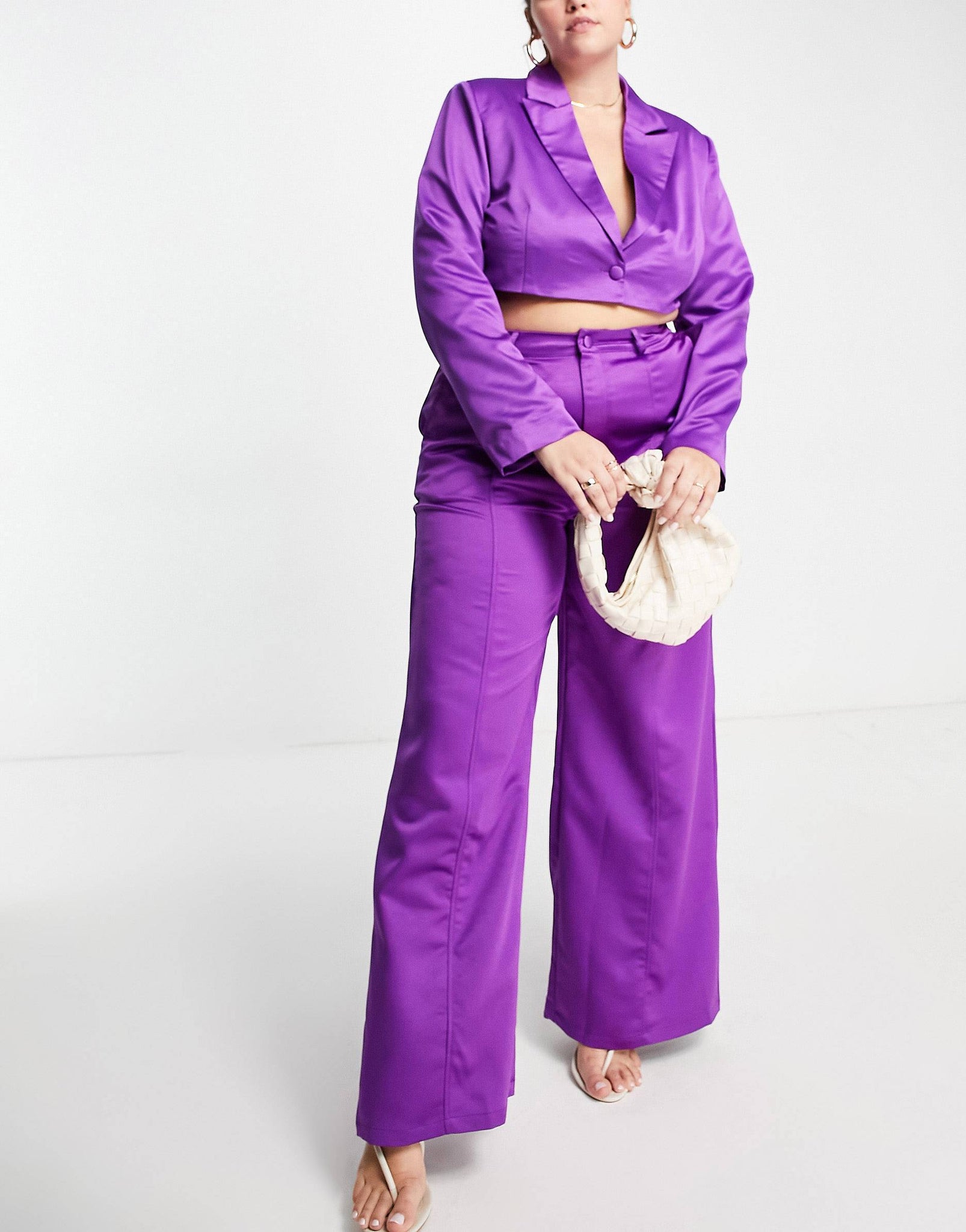 Plus super wide leg trousers in winter plum satin co-ord