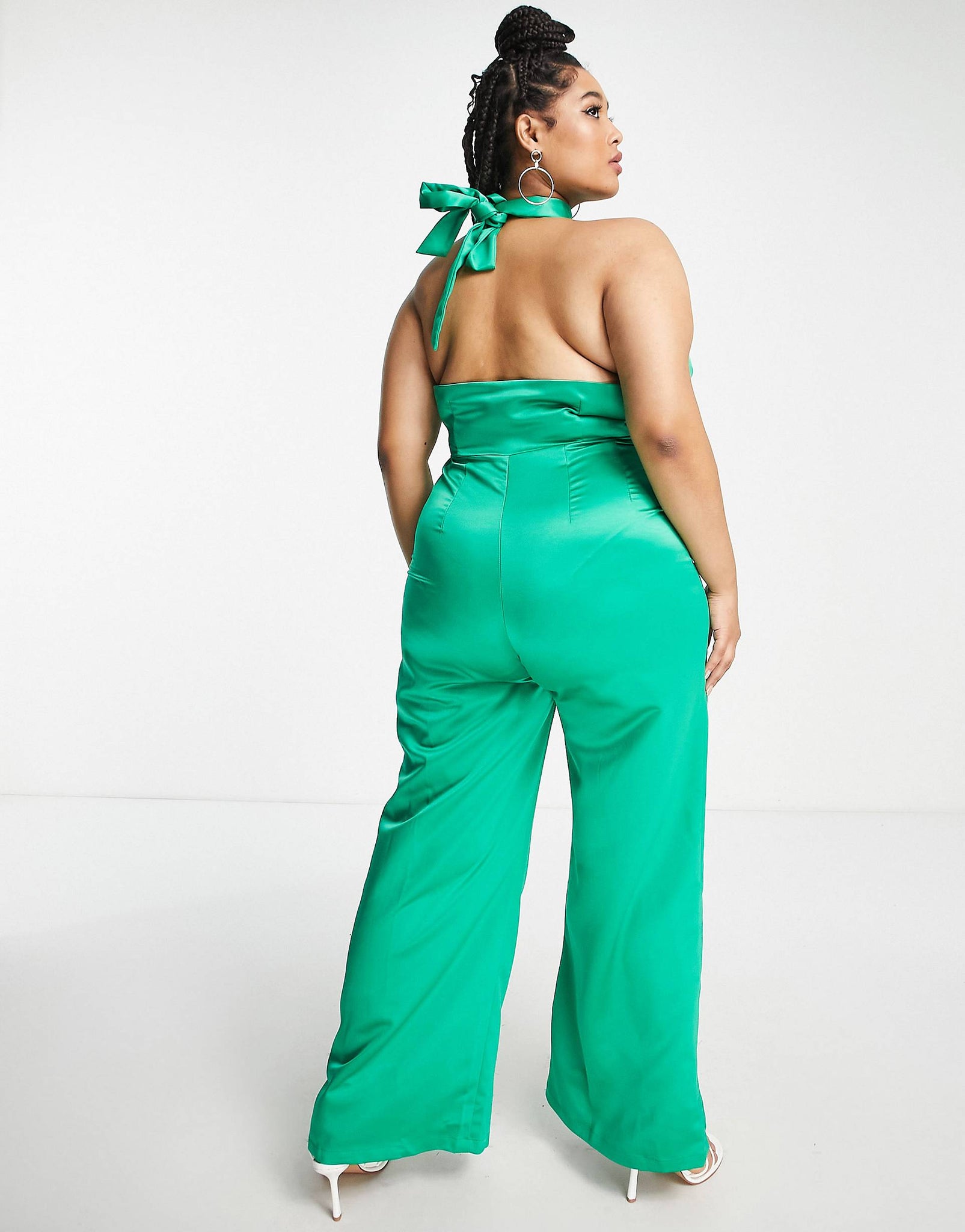 Plus halter neck jumpsuit with palazzo pants in emerald satin