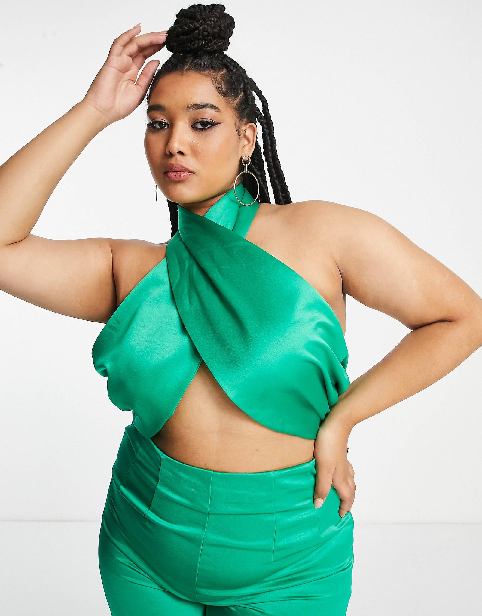 Plus halter neck jumpsuit with palazzo pants in emerald satin