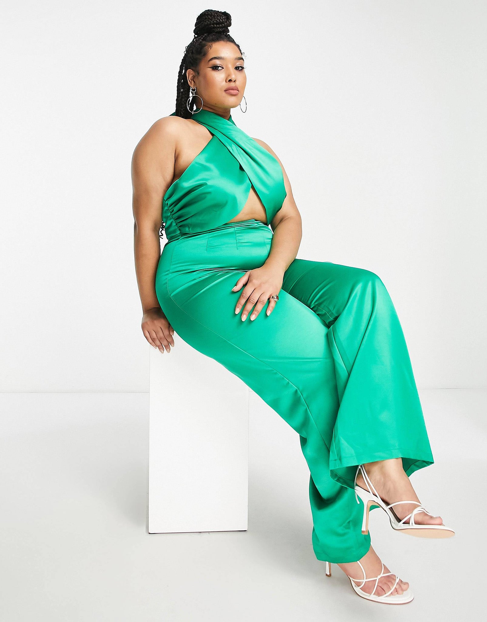 Plus halter neck jumpsuit with palazzo pants in emerald satin