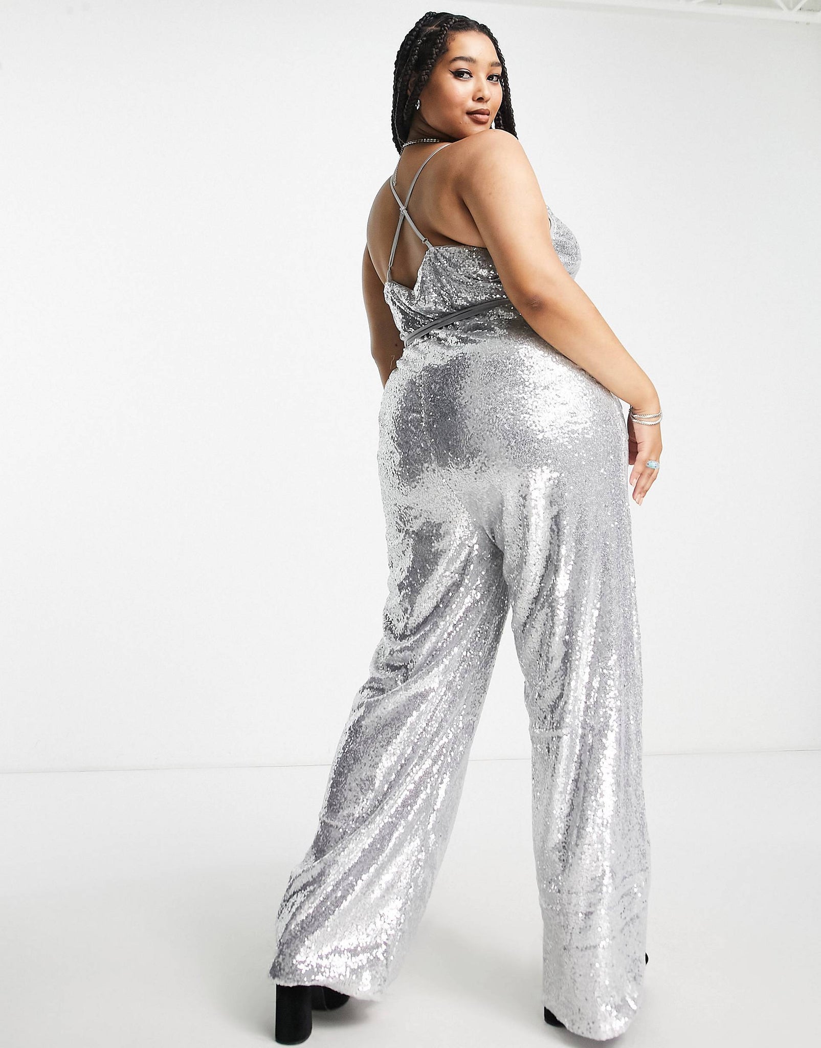 Plus cami wide leg jumpsuit in silver sequin