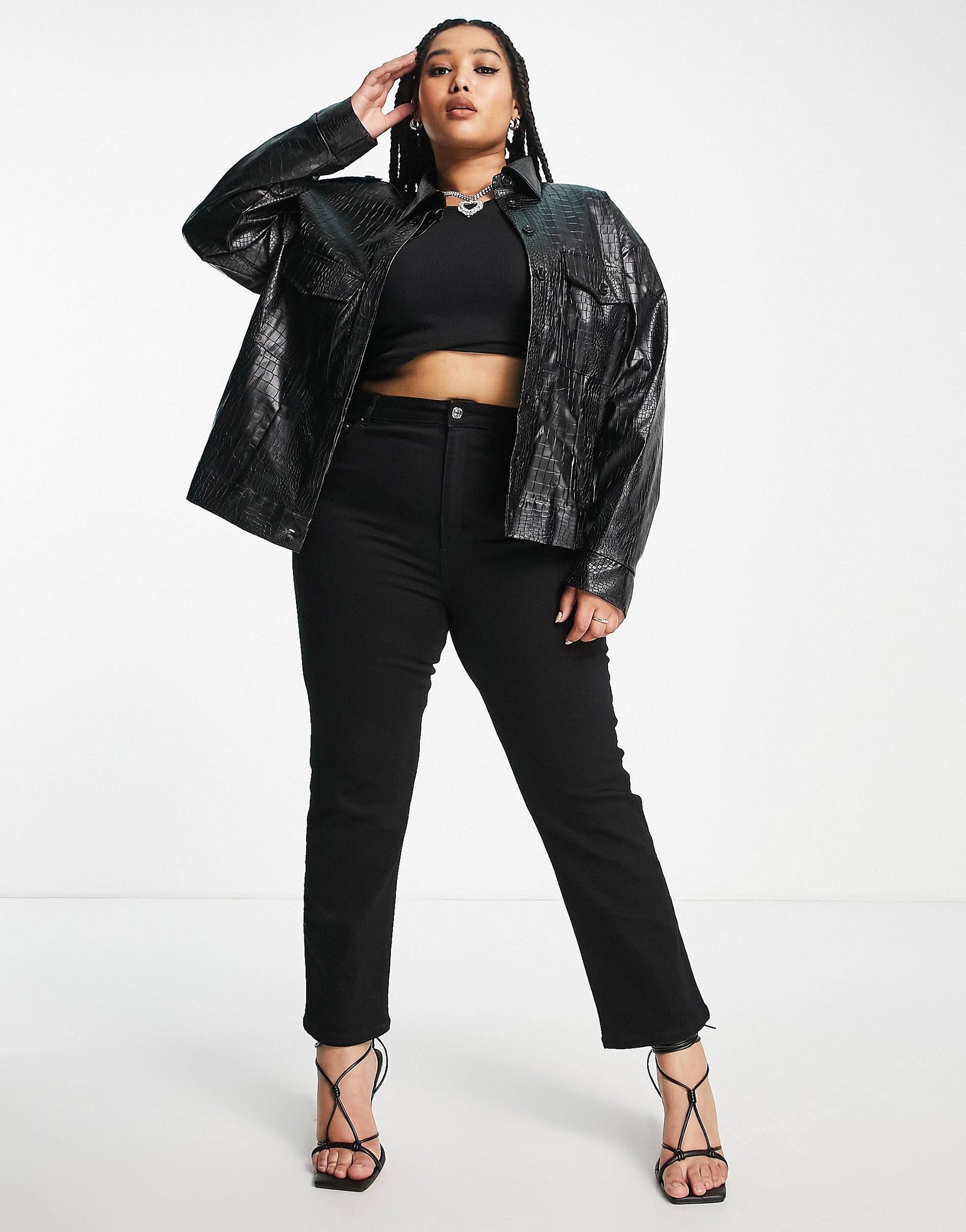 Plus oversized faux croc cropped trucker jacket in black