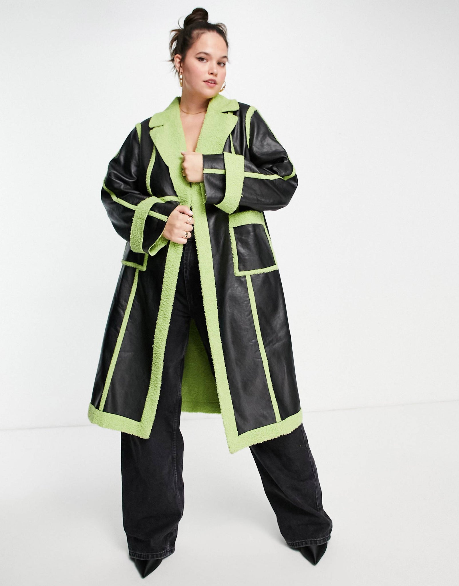 Plus PU panelled coat with lime green teddy trim