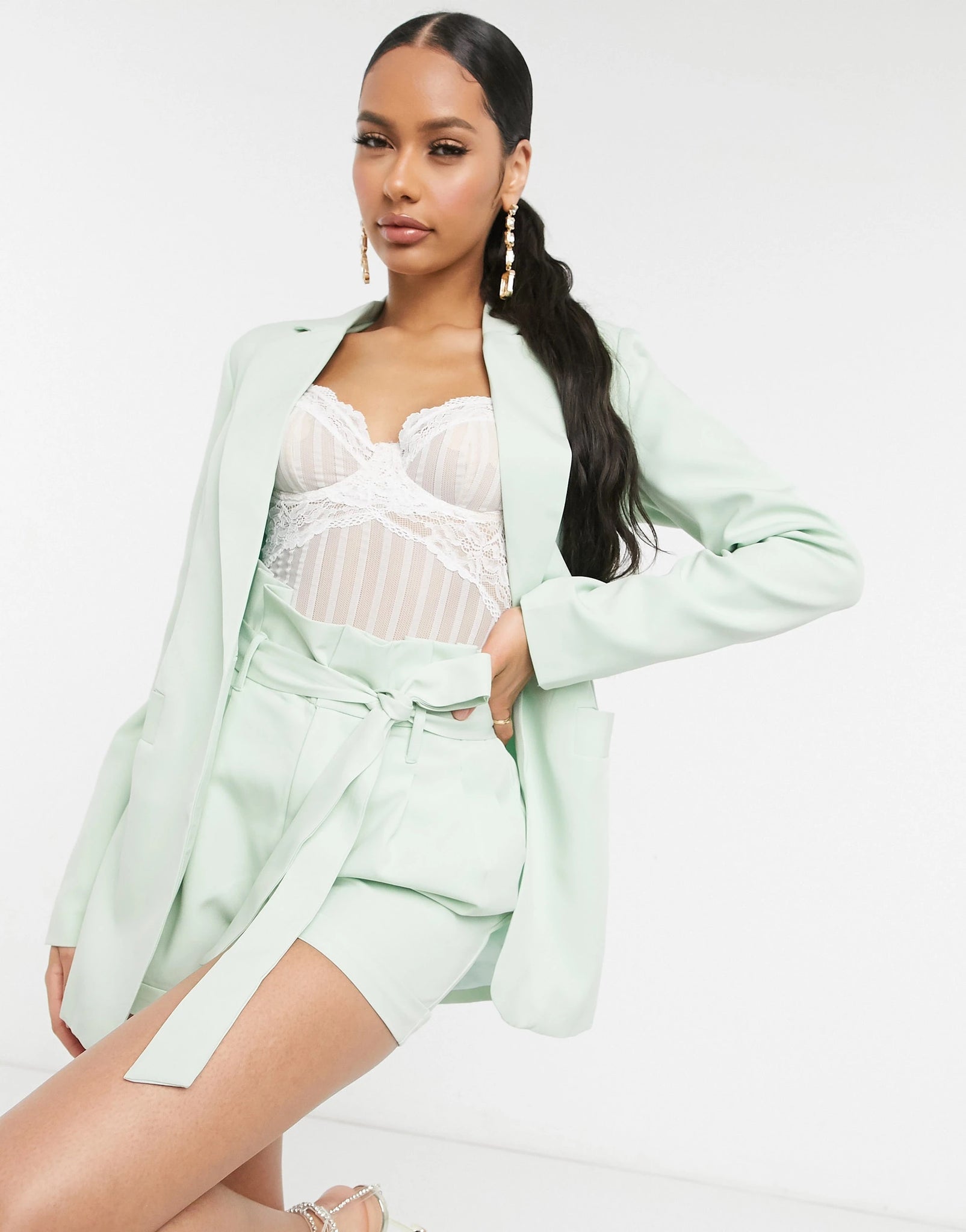 Light Green Long Sleeve Tailored Single Button Blazer