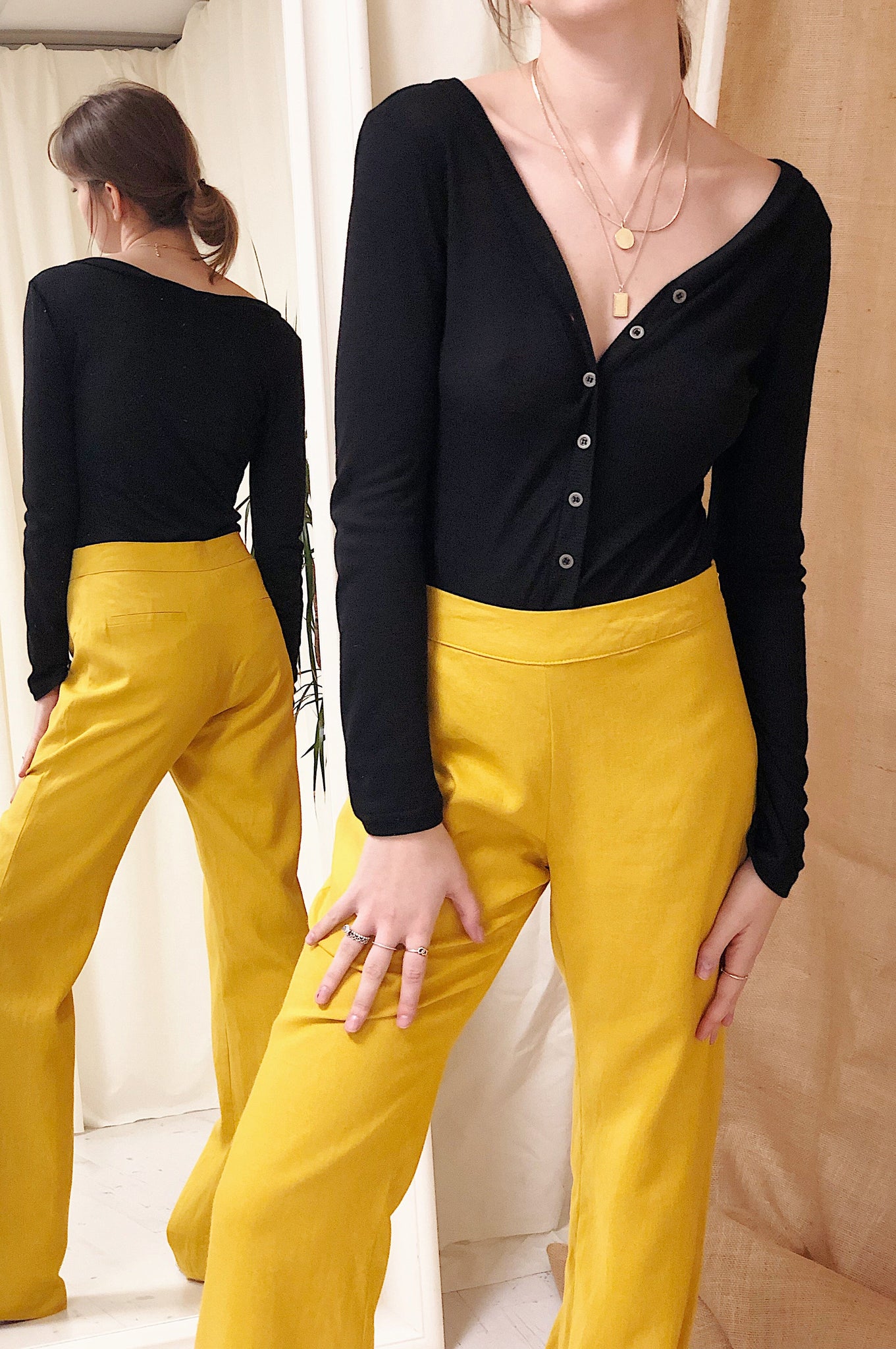 Yellow Linen Flared Trousers