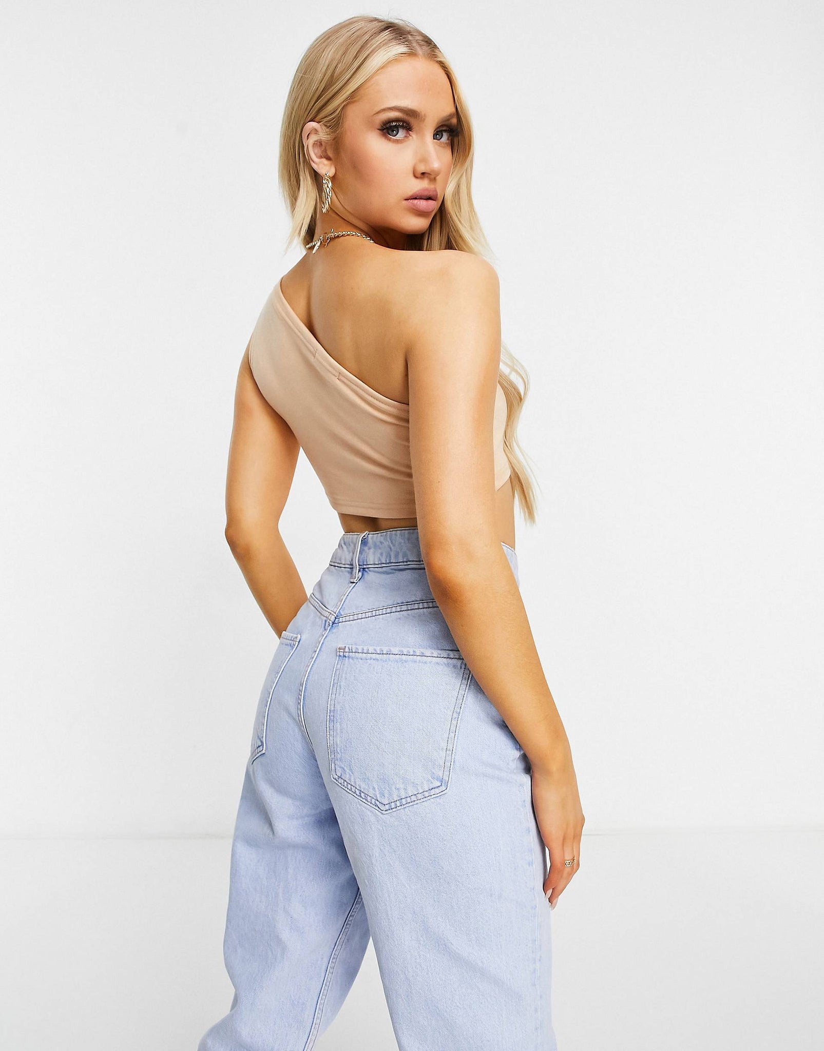 Unique21 Knitted One Shoulder Cut Out Crop Top In Blush