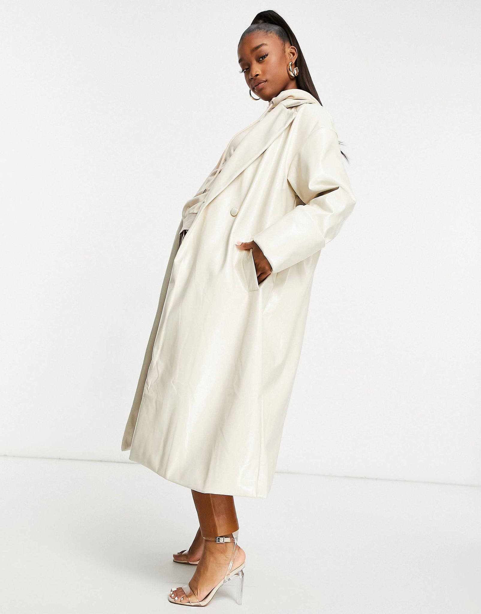 Unique21 Vinyl Belted Overcoat In Cream