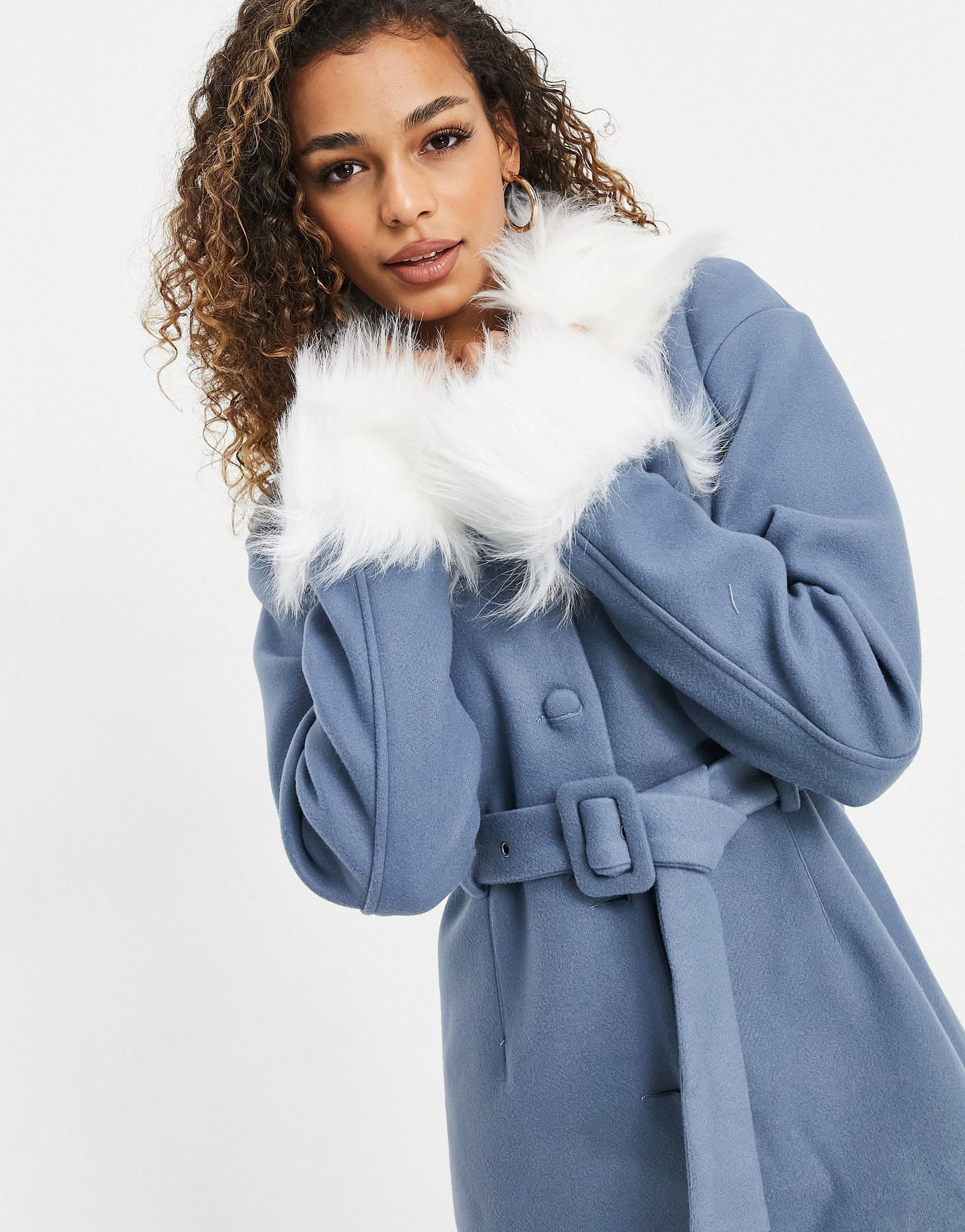 Unique21 Faux Fur Trimmed Coat In Blue