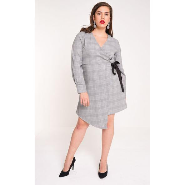 Checked Wrap Dress With Contrast Tie Belt