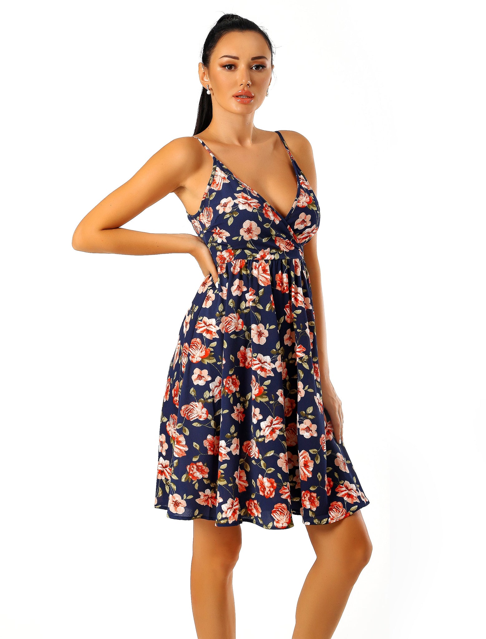 FLORAL PRINT ON NAVY BASE Mini Dress