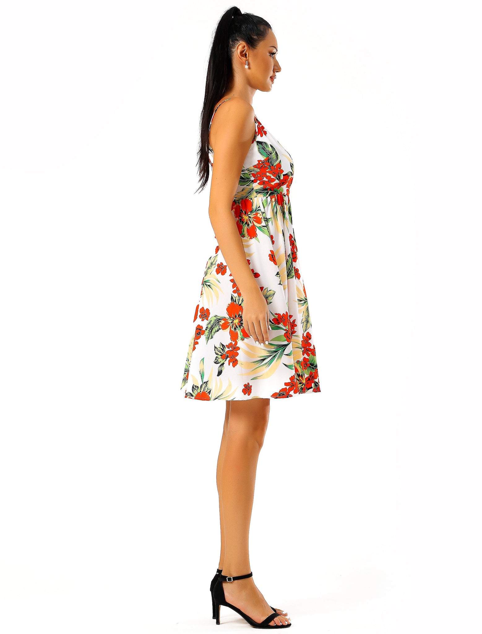 RED FLORAL PRINT ON WHITE BASE Mini Dress