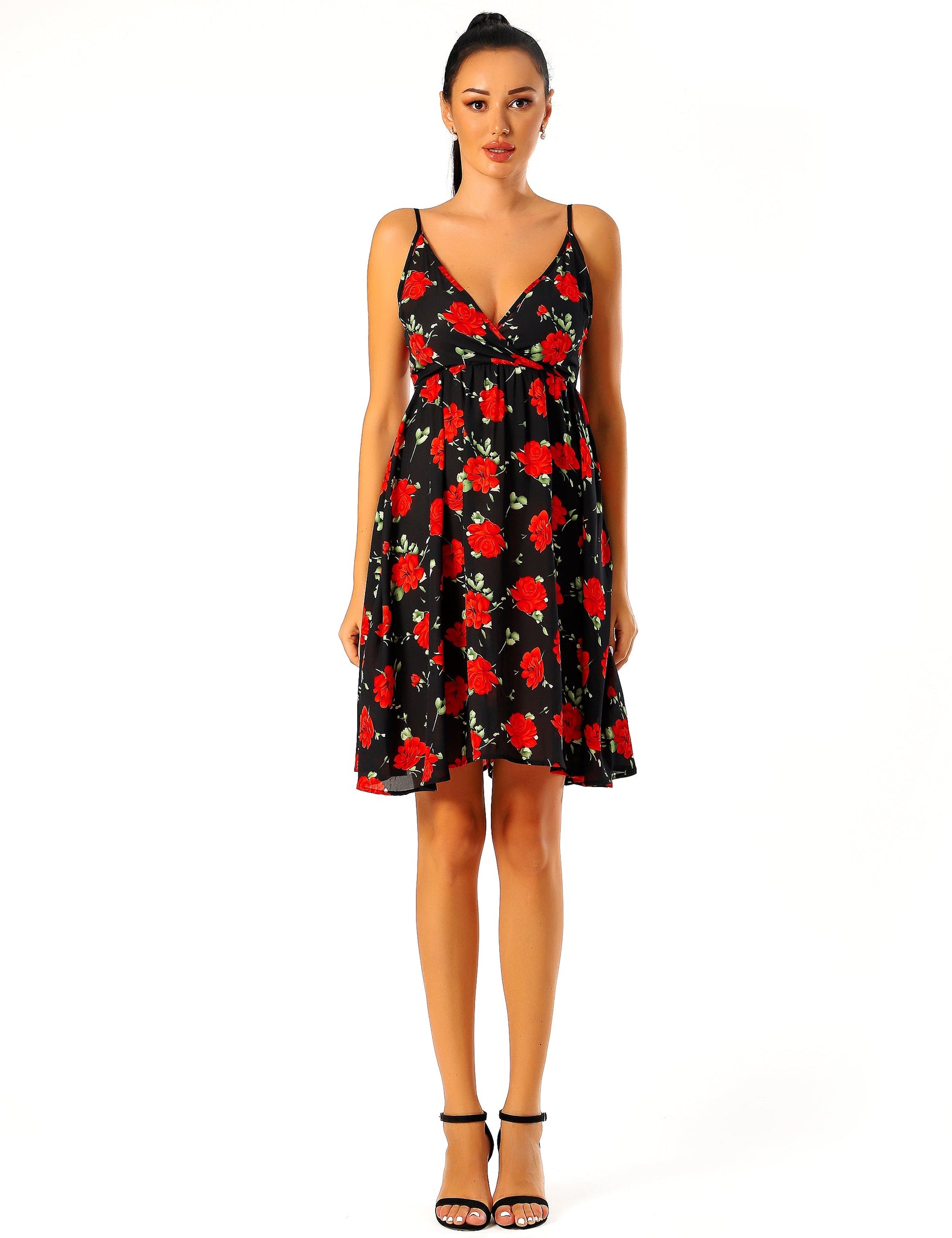 RED FLORAL PRINT ON BLACK BASE Mini Dress