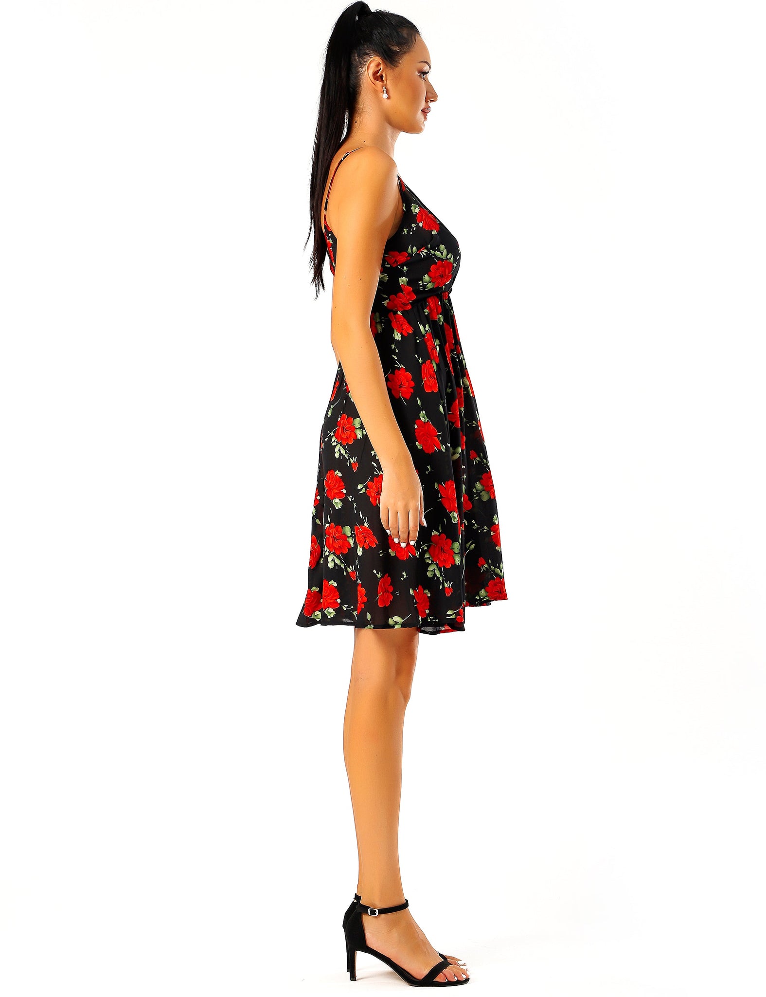 RED FLORAL PRINT ON BLACK BASE Mini Dress