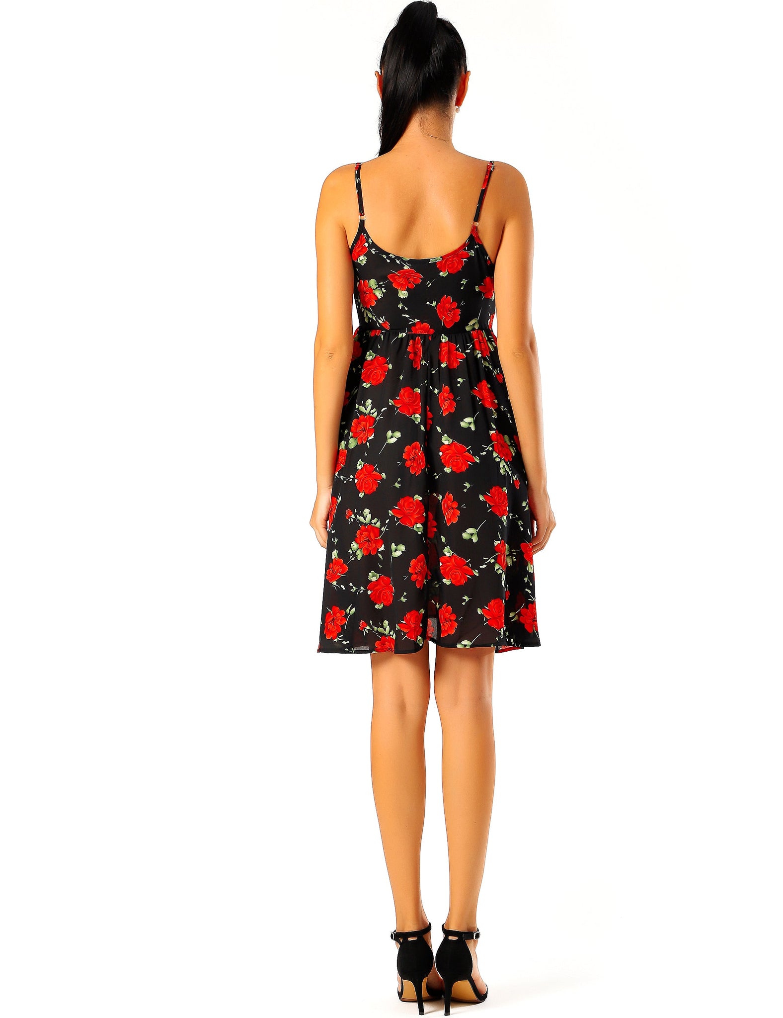 RED FLORAL PRINT ON BLACK BASE Mini Dress