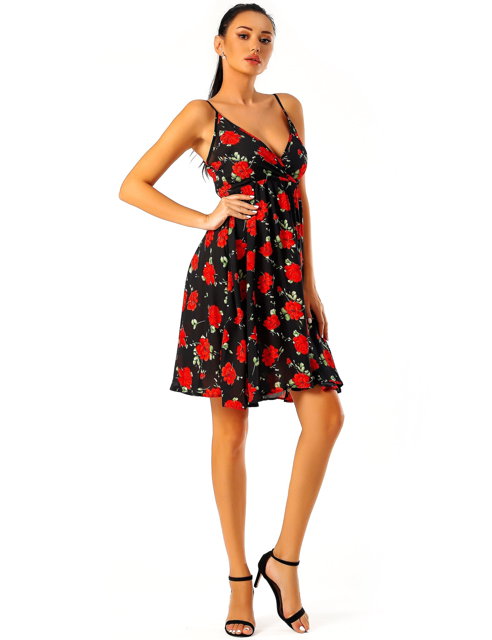 RED FLORAL PRINT ON BLACK BASE Mini Dress