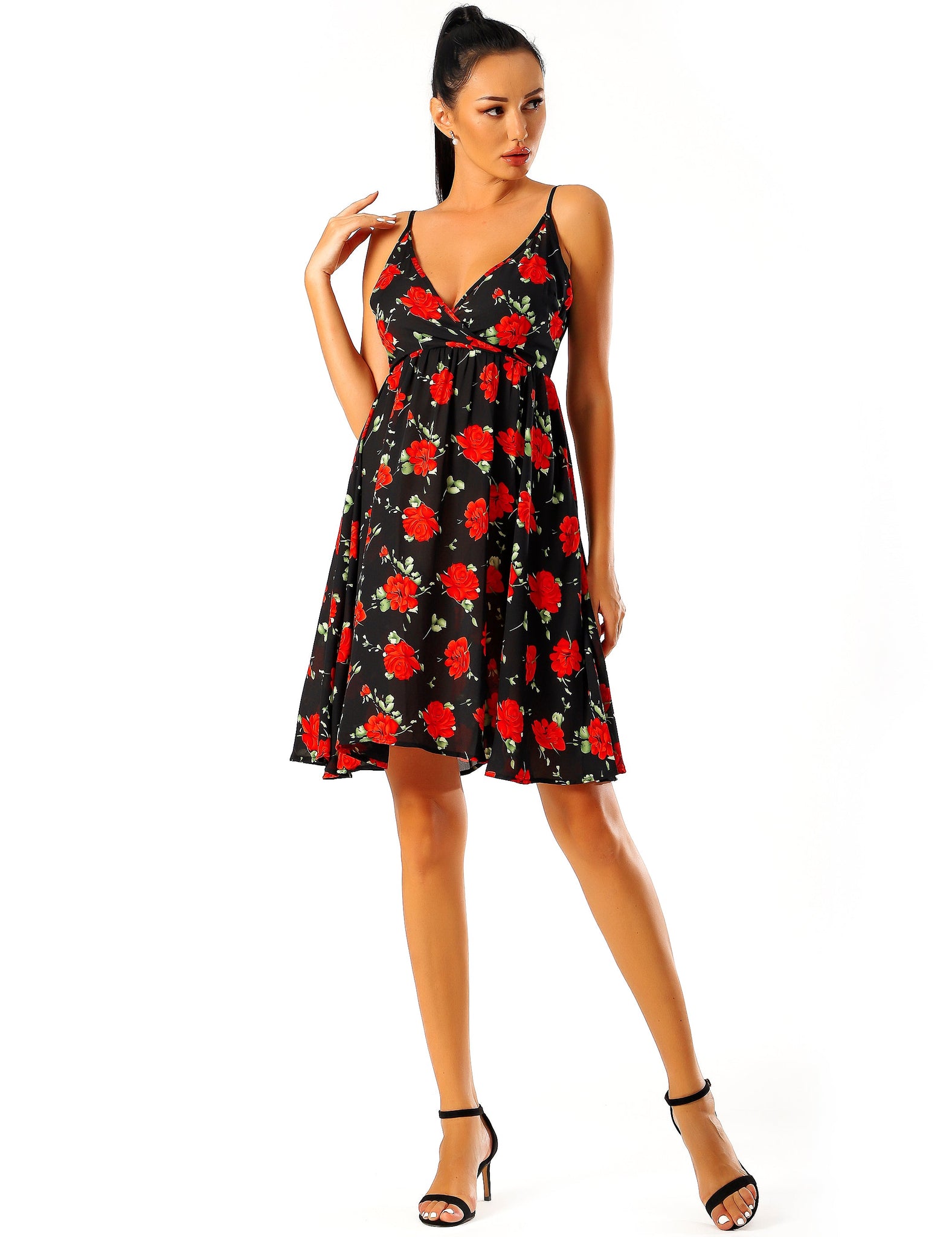 RED FLORAL PRINT ON BLACK BASE Mini Dress