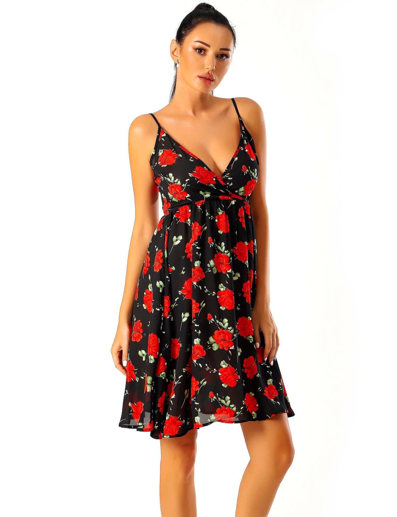 RED FLORAL PRINT ON BLACK BASE Mini Dress