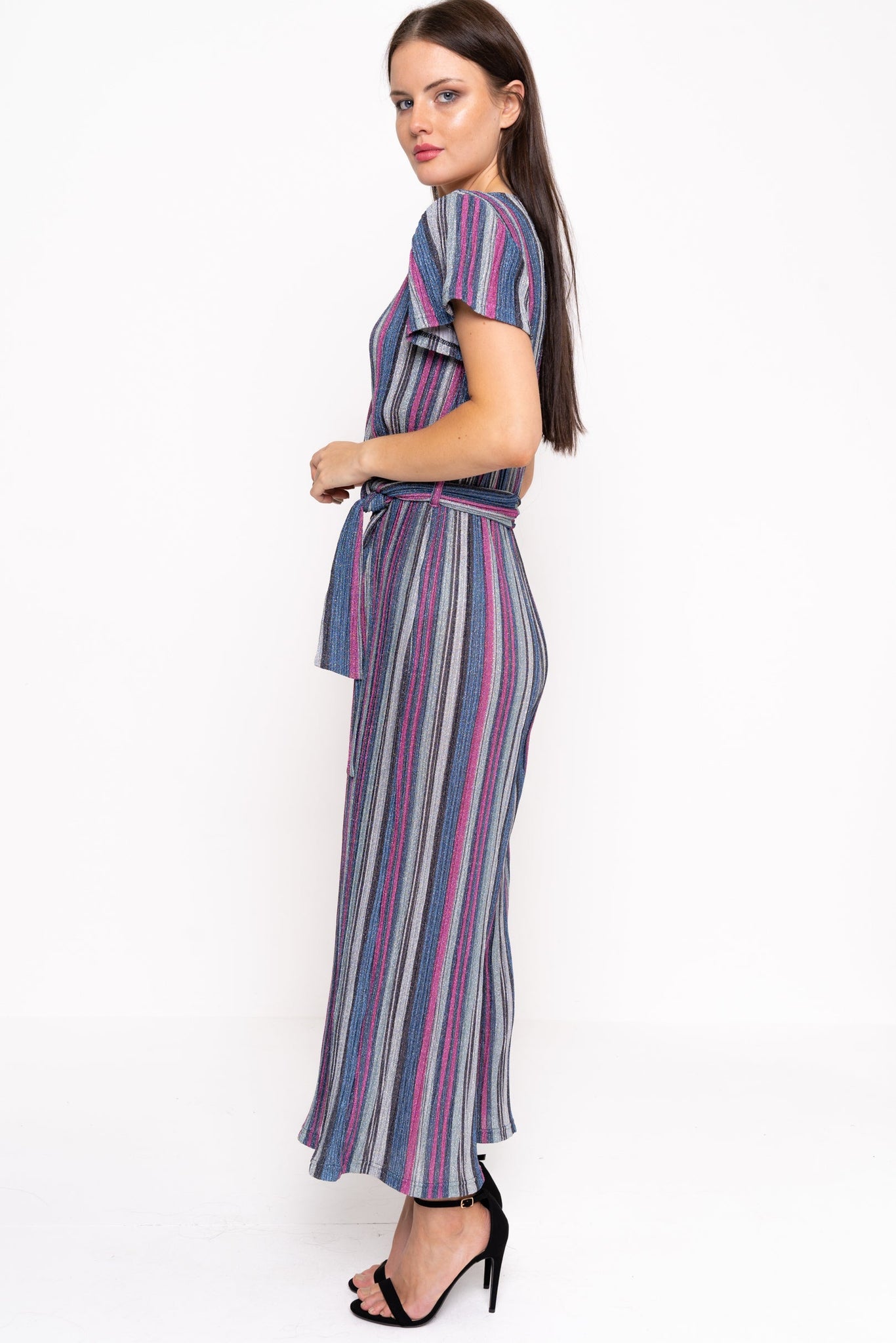 Striped Glittery Wrap Over Jumpsuit