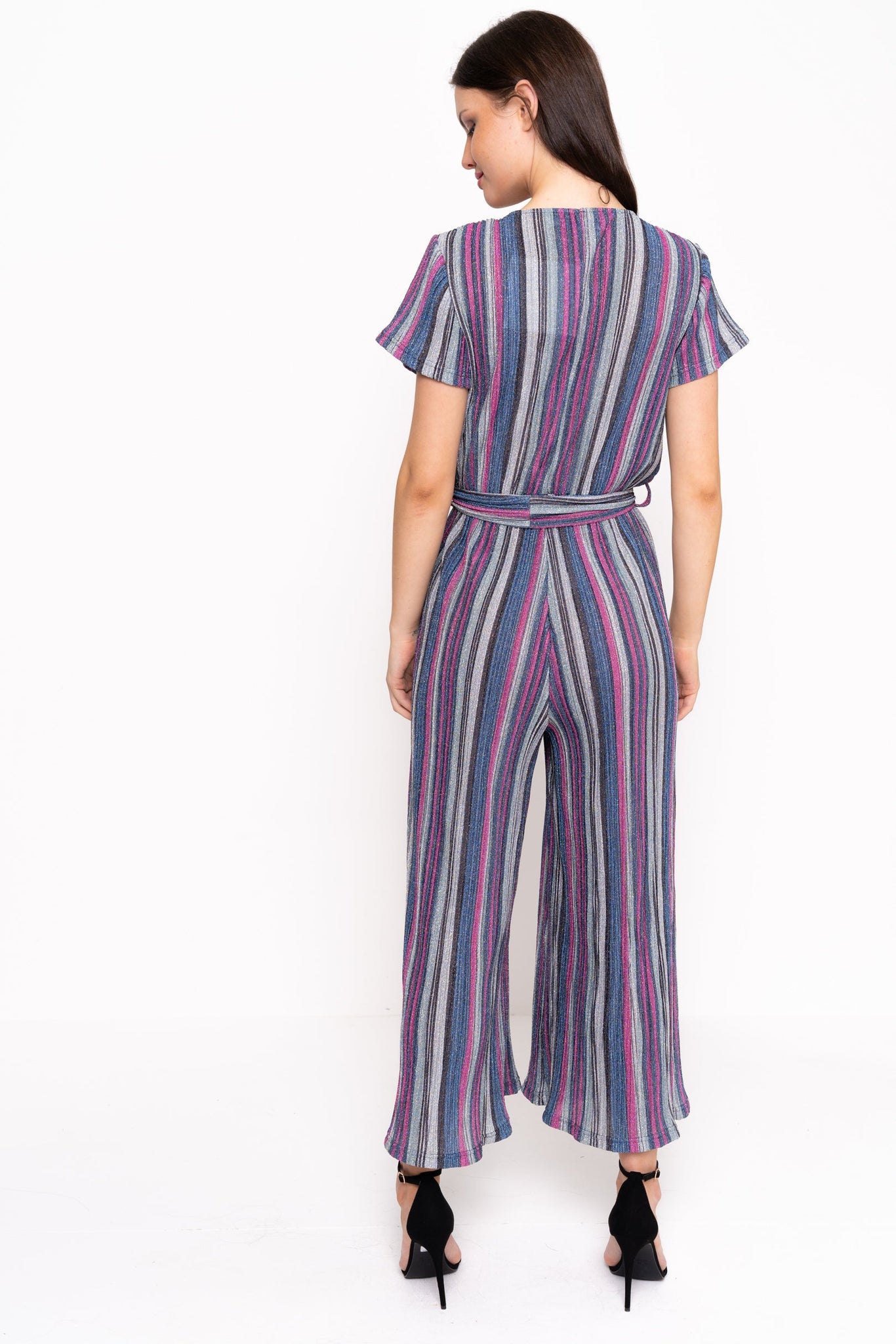 Striped Glittery Wrap Over Jumpsuit