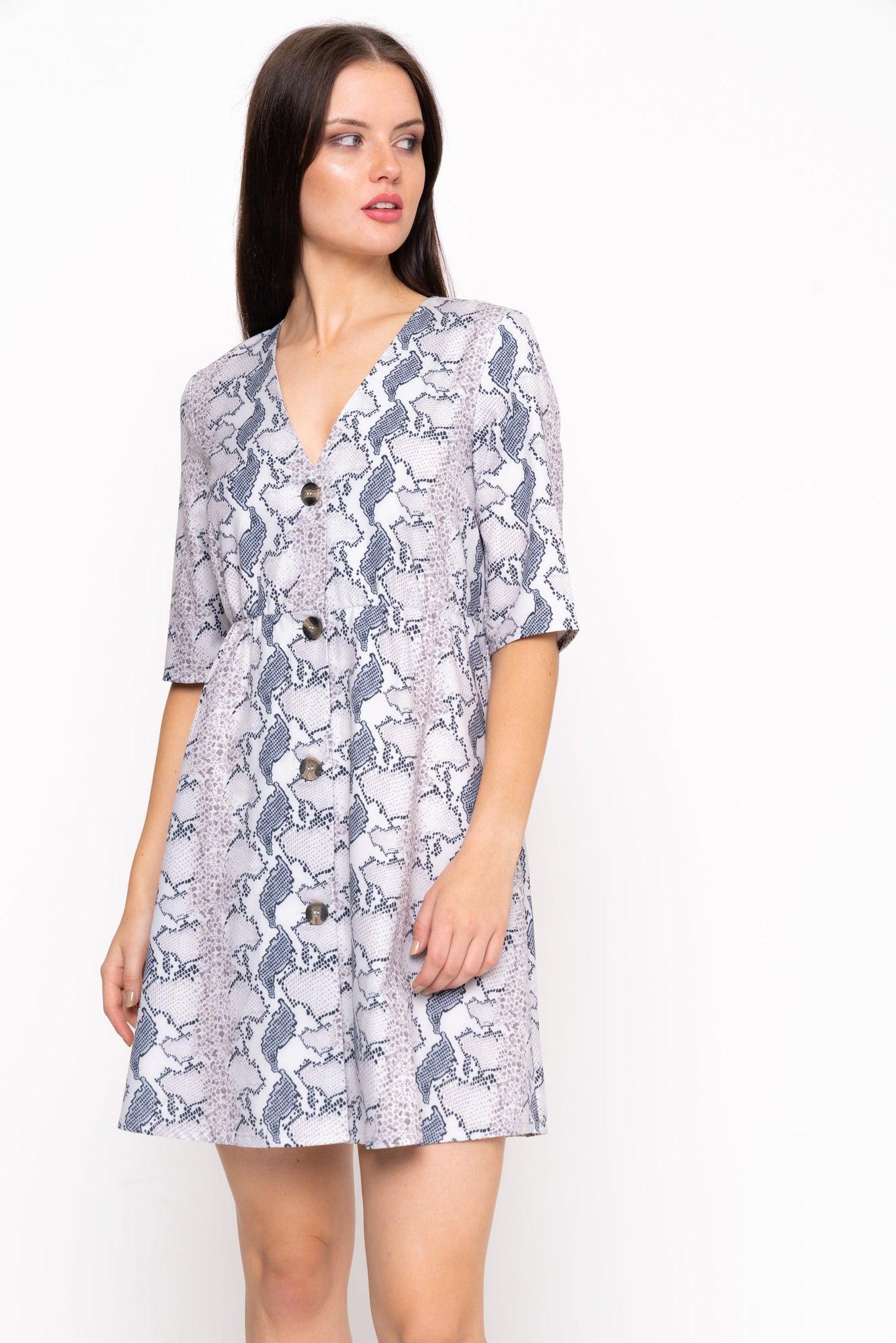 Tailored Button Front Snake Print Dress