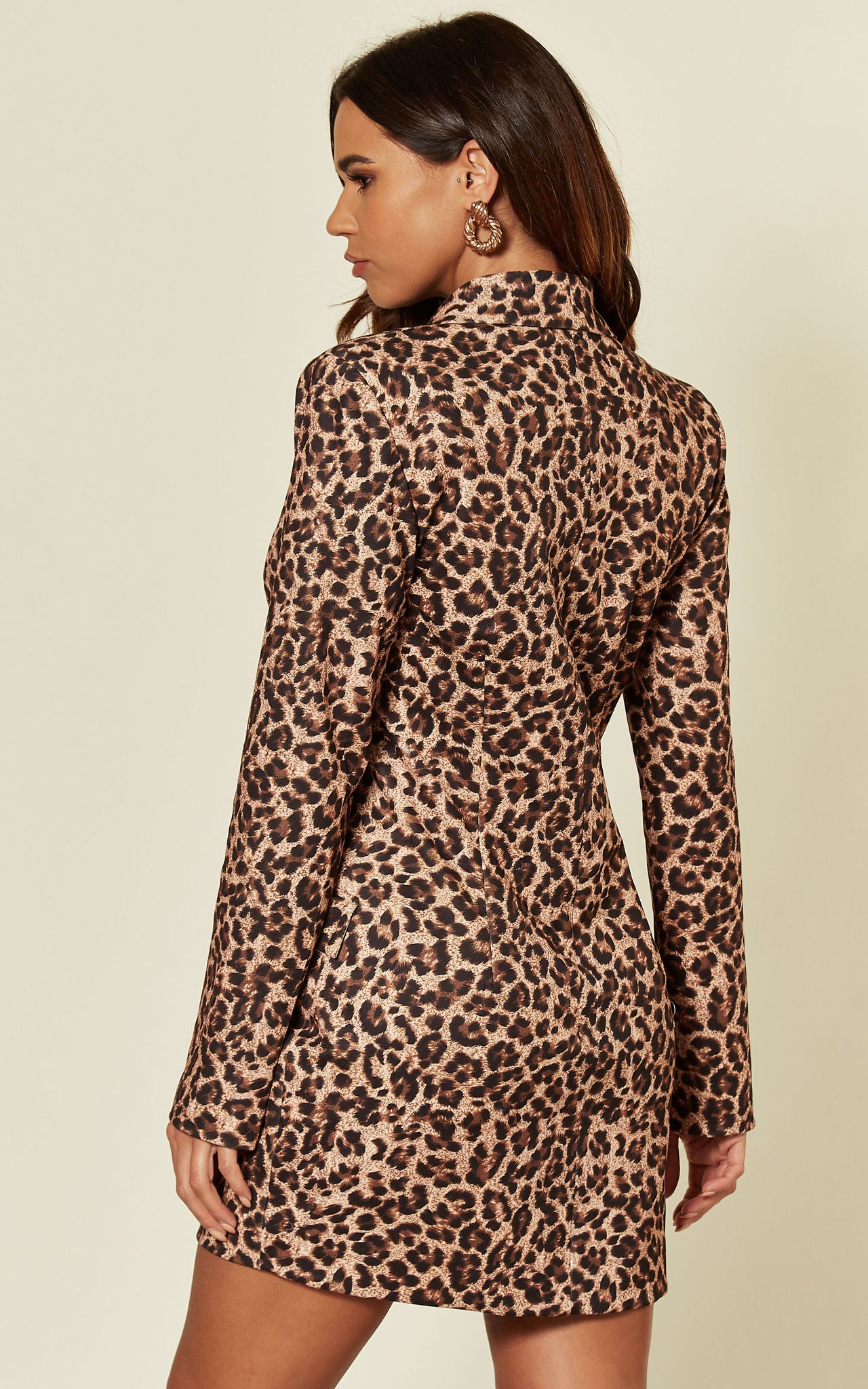 Brown Leopard Print Luxe Stain Asymmetric Double Breasted Gold Button Blazer Dress