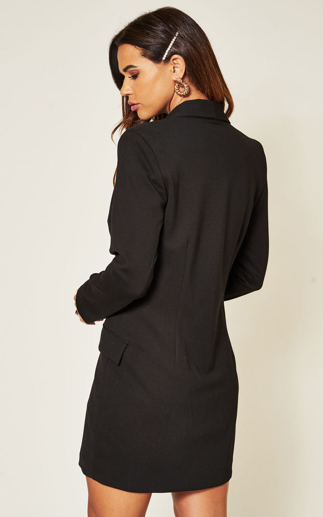 Black Luxe Stain Asymmetric Double Breasted Gold Button Blazer Dress