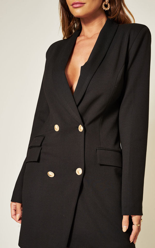 Black Luxe Stain Asymmetric Double Breasted Gold Button Blazer Dress