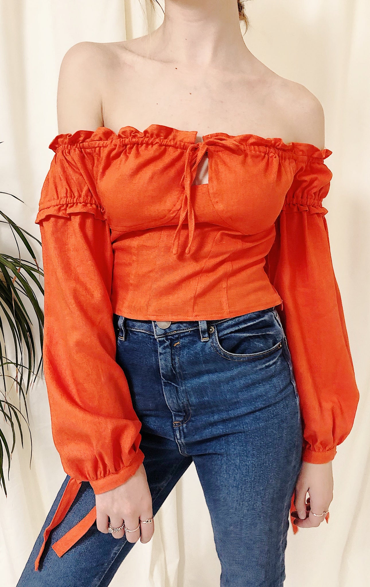 Sunset Orange Linen Tie Sleeves Bardot Top