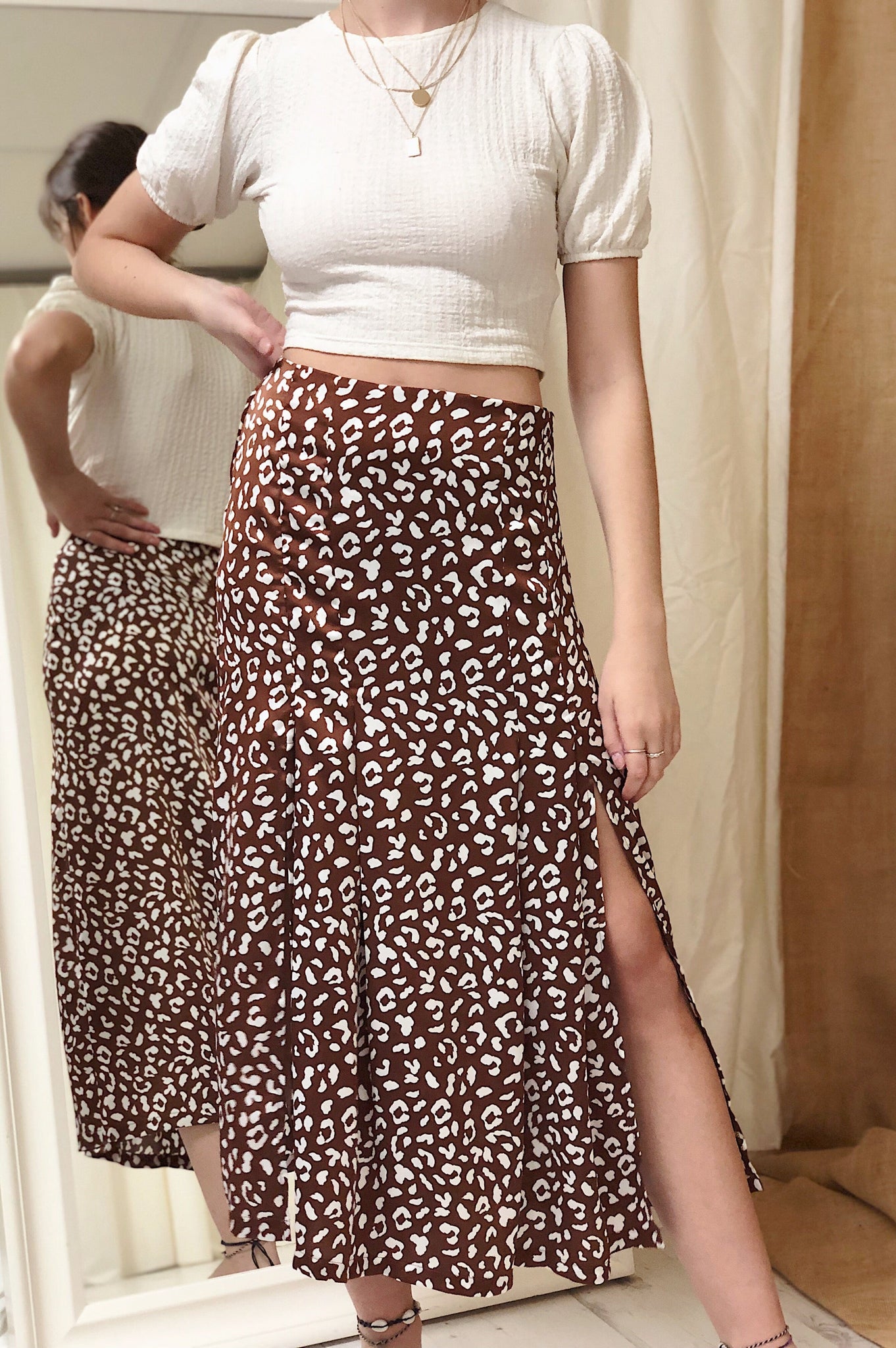 leopard print midi skirt mirror view