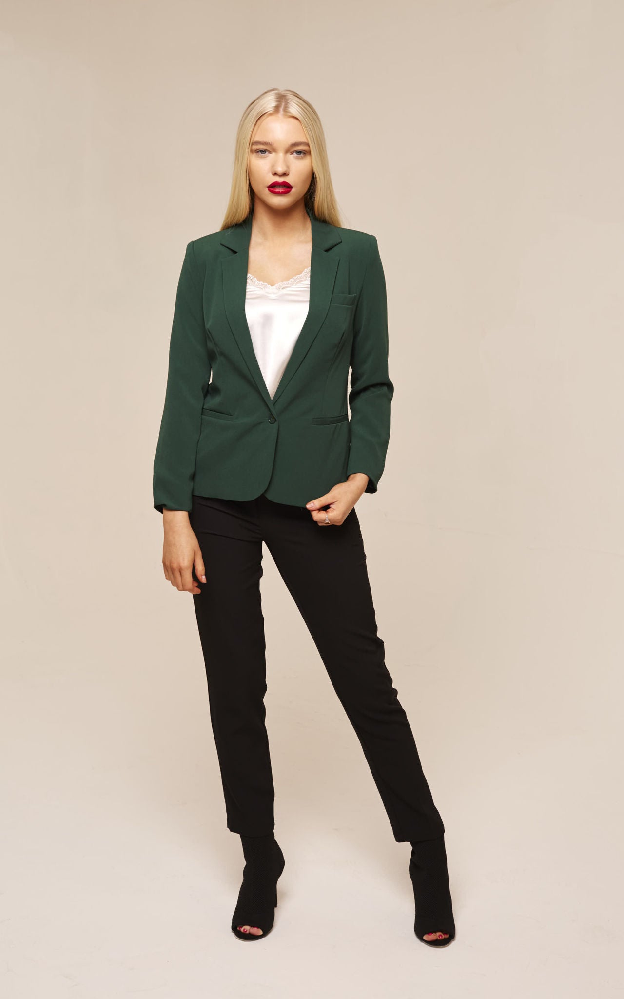 Dark Green Long Sleeve One Button Tailored Blazer