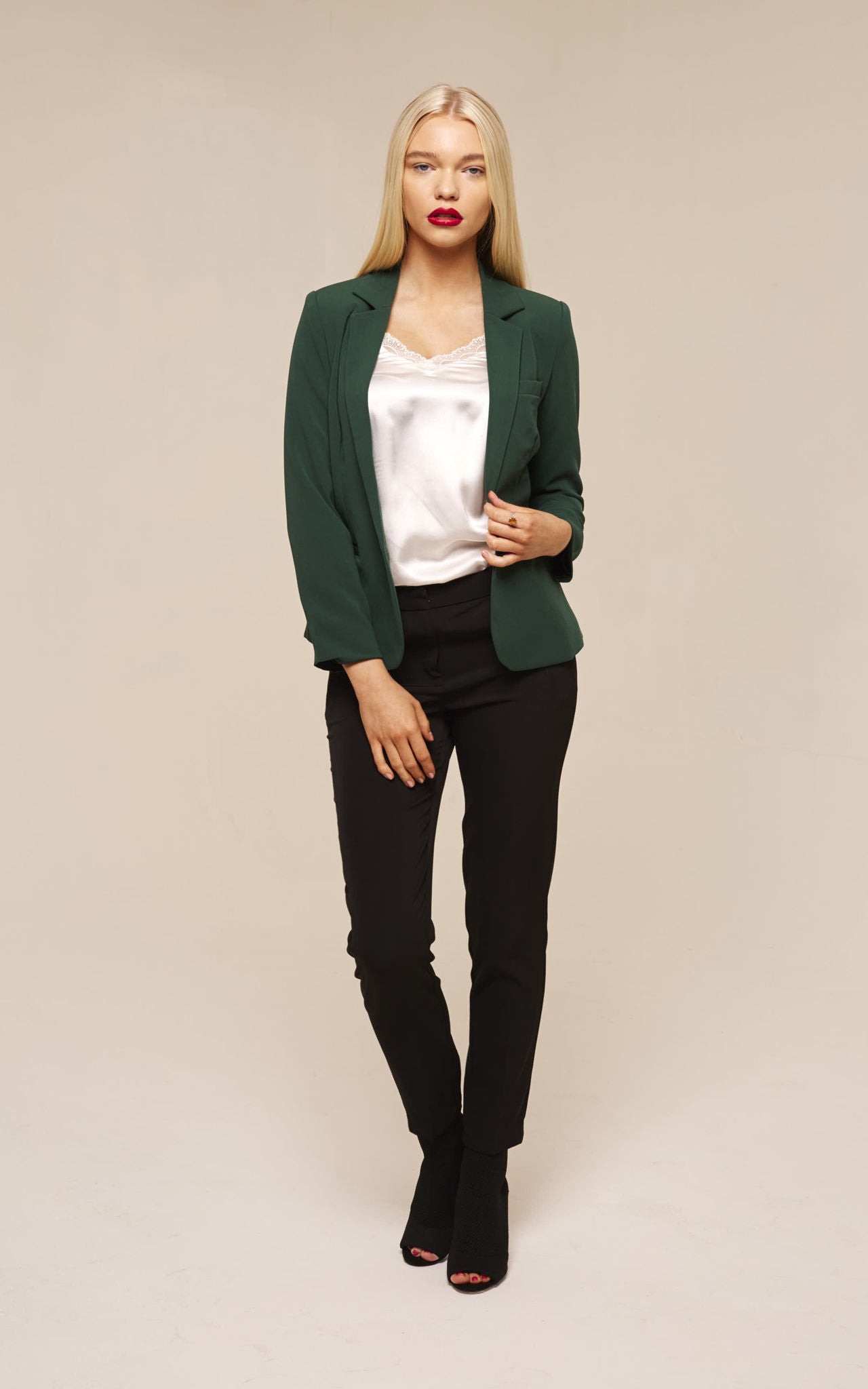 Dark Green Long Sleeve One Button Tailored Blazer