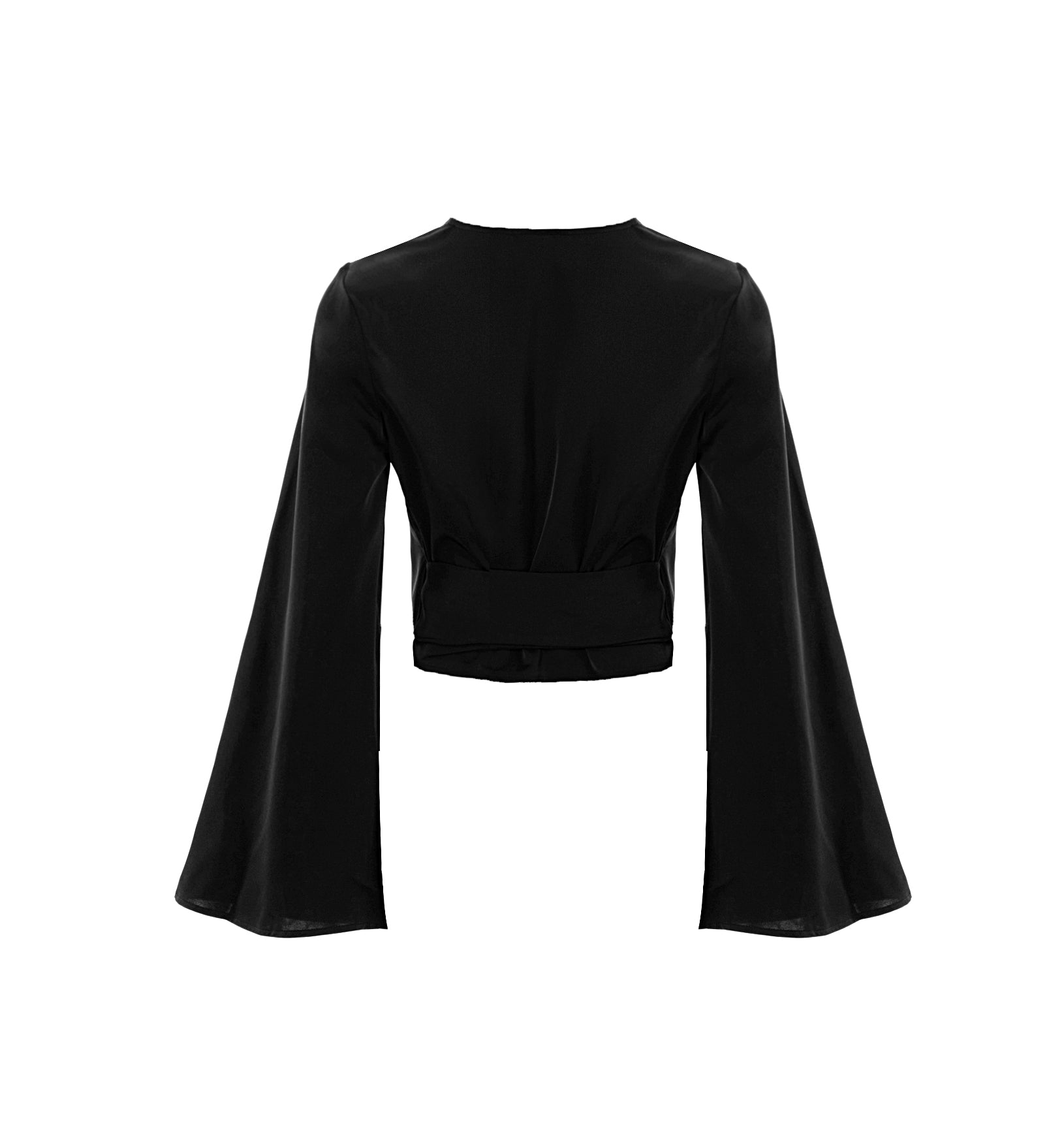 Luxe Satin Black Flare Sleeve Wrap Top