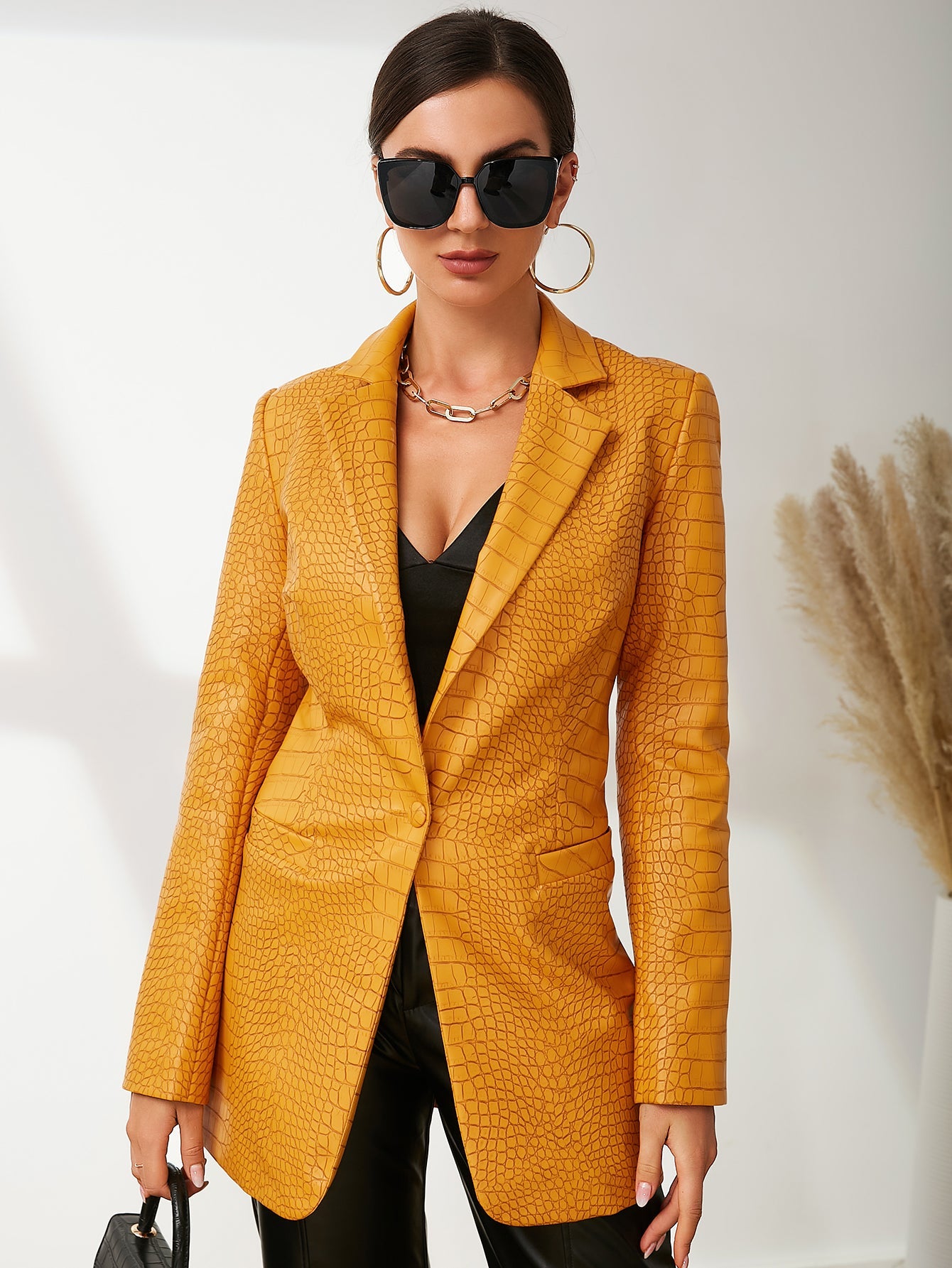 UNIQUE21 Crocodile Pattern Single Button PU Leather Blazer