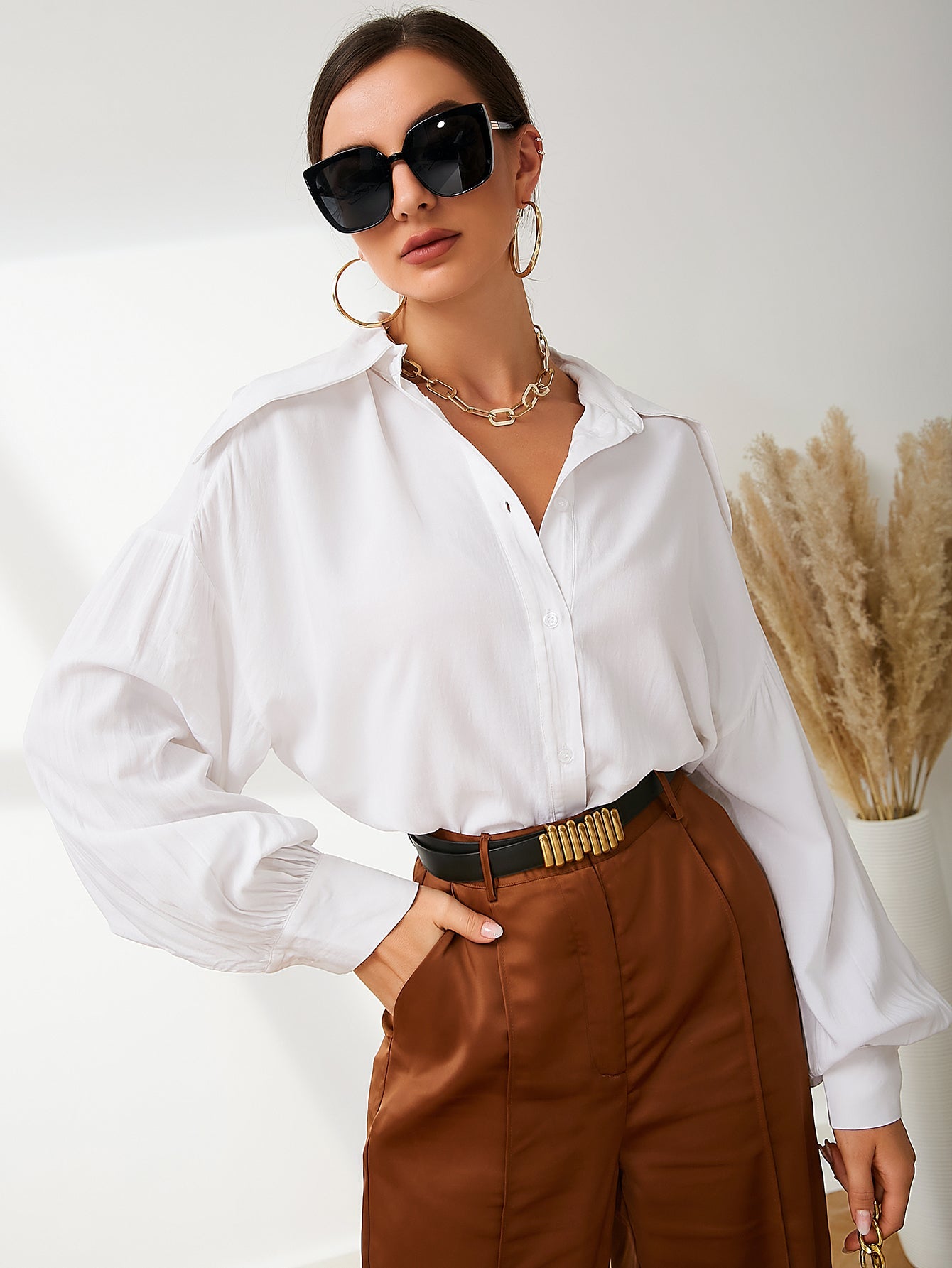 UNIQUE21 Solid Drop Shoulder Blouse