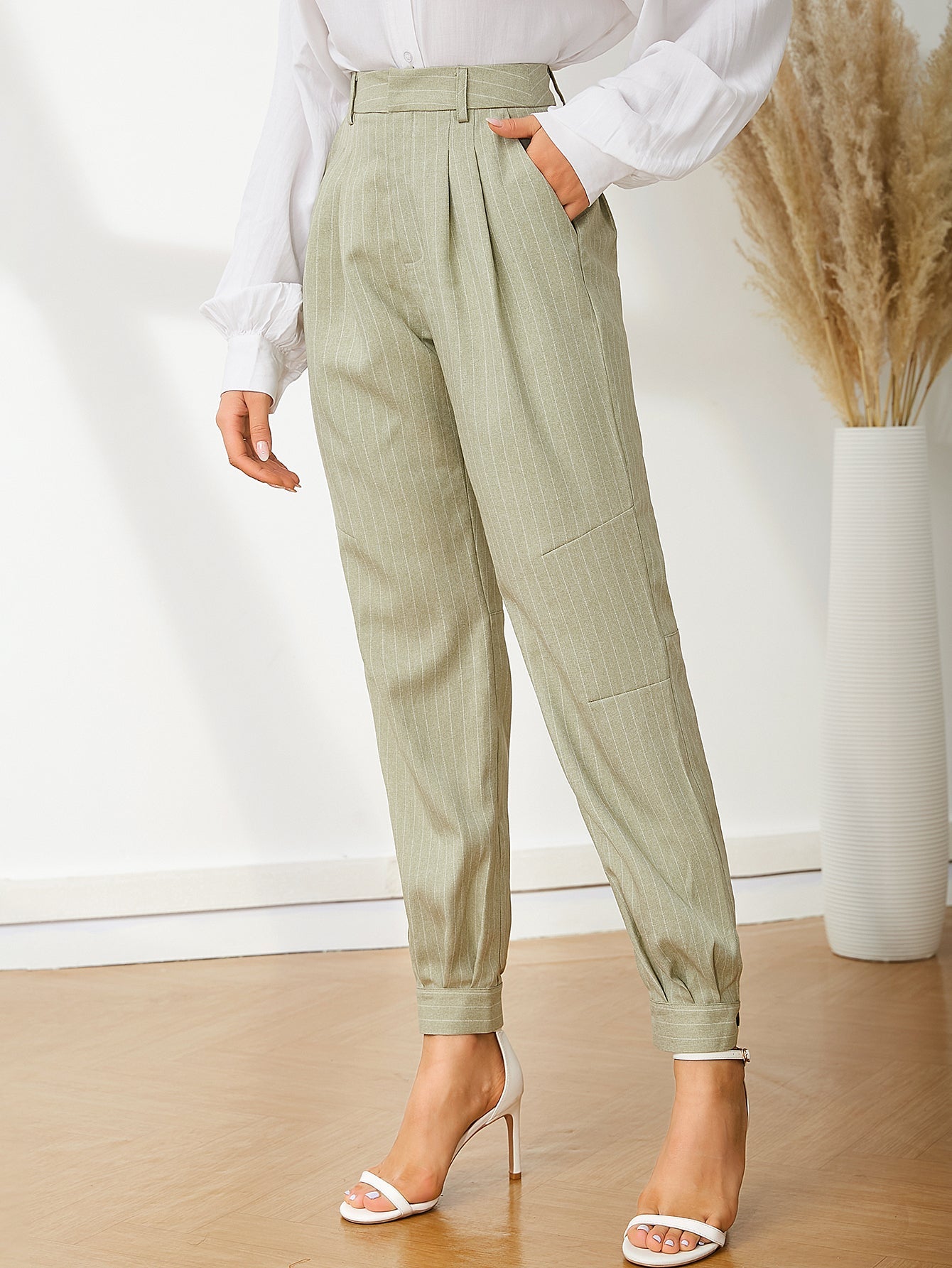 UNIQUE21 High Waist Pinstripe Button Hem Pants