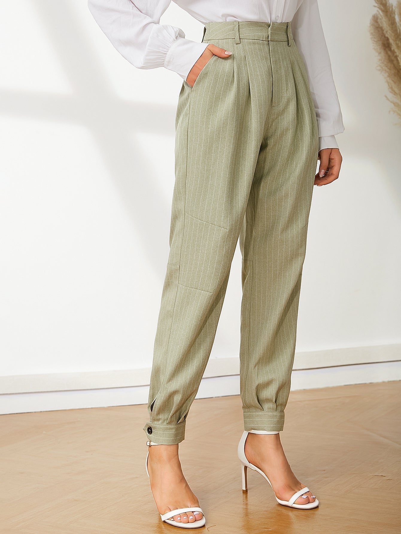 UNIQUE21 High Waist Pinstripe Button Hem Pants