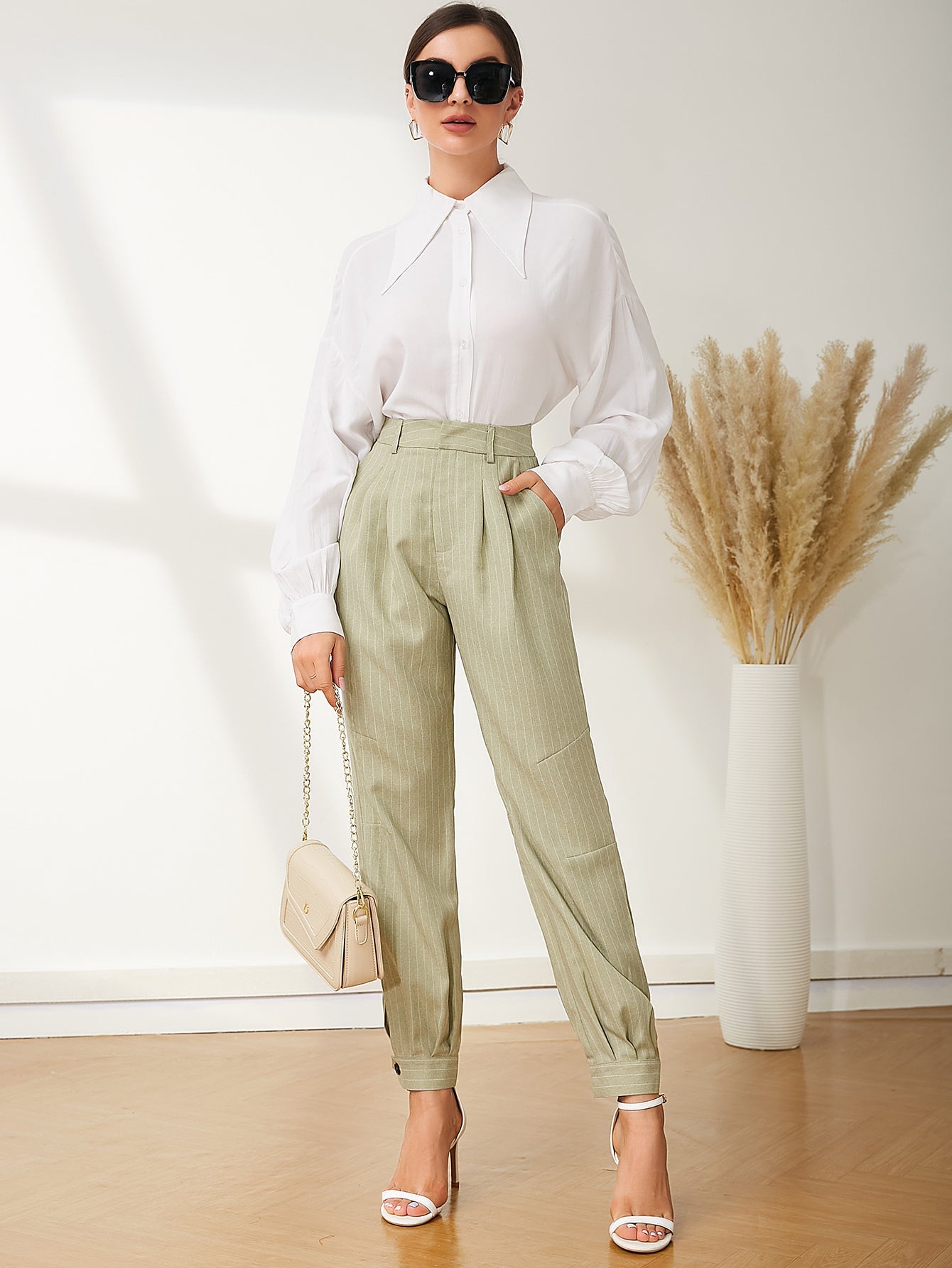 UNIQUE21 High Waist Pinstripe Button Hem Pants