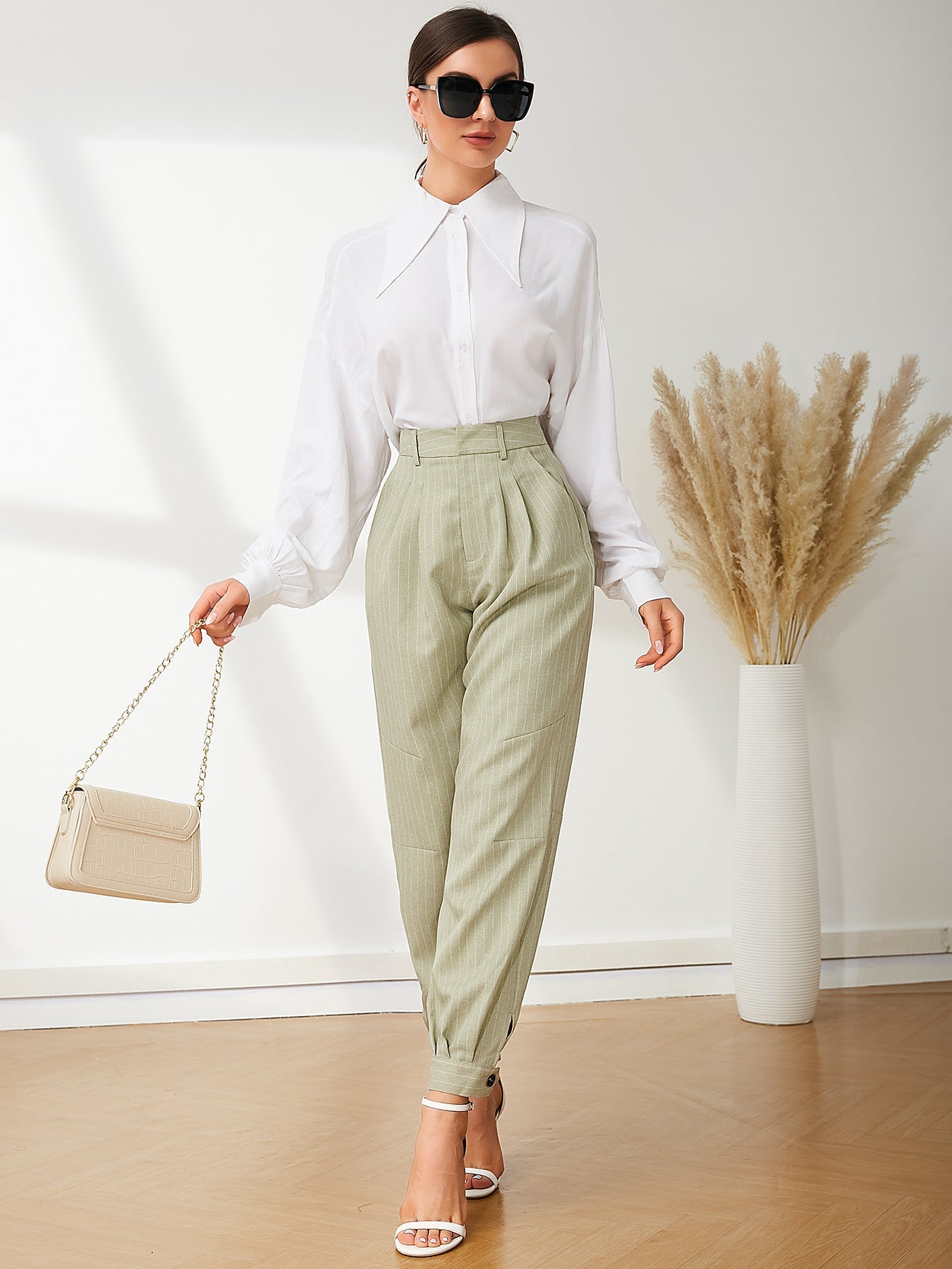 UNIQUE21 High Waist Pinstripe Button Hem Pants