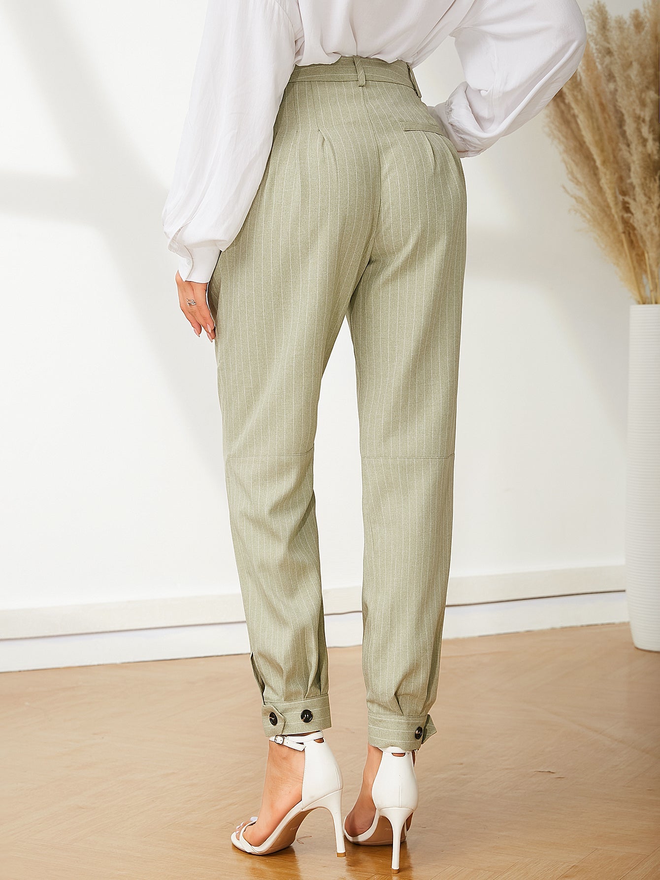 UNIQUE21 High Waist Pinstripe Button Hem Pants