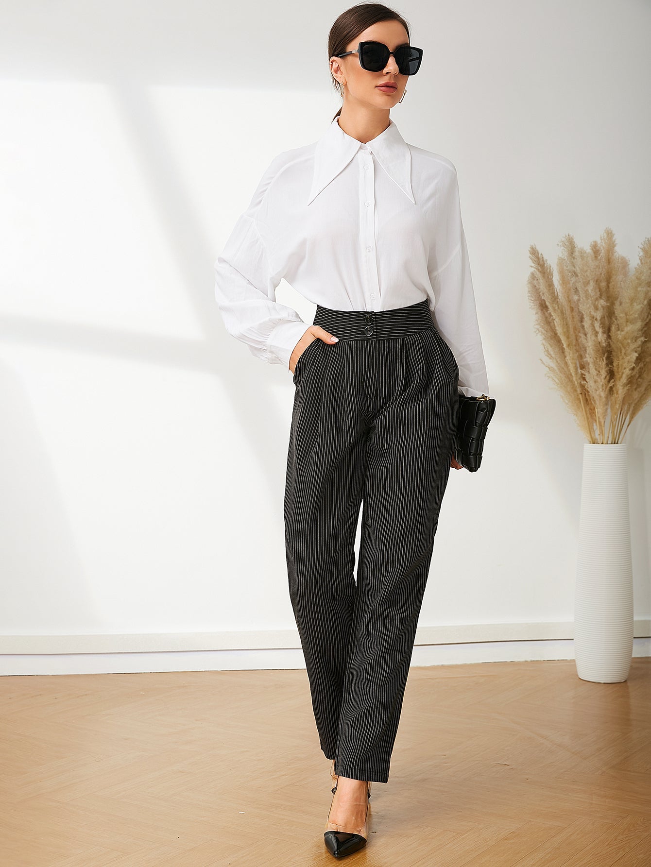 UNIQUE21 High Waist Pinstripe Plicated Detail Pants