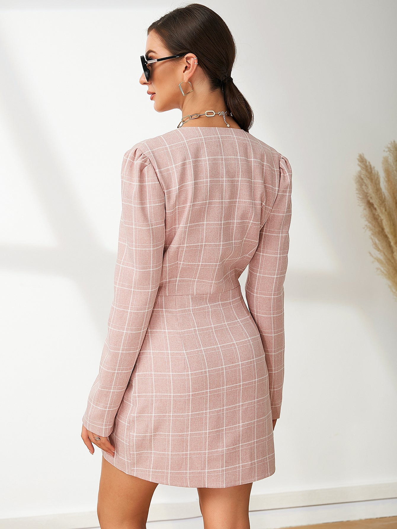 UNIQUE21 Windowpane Print Asymmetrical Hem Wrap Dress